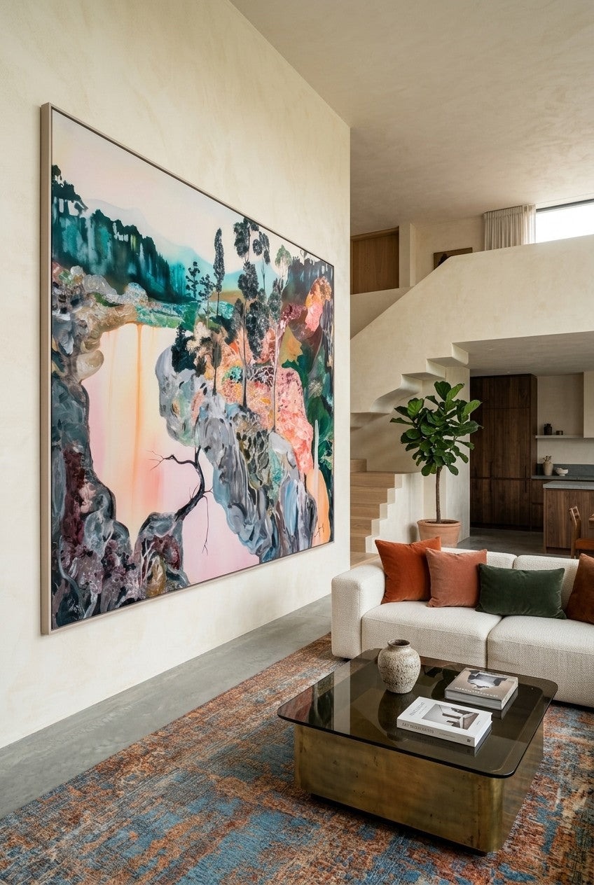 Beauty by Summer Jiang — large pink and grey Landscape canvas art displayed on a wall