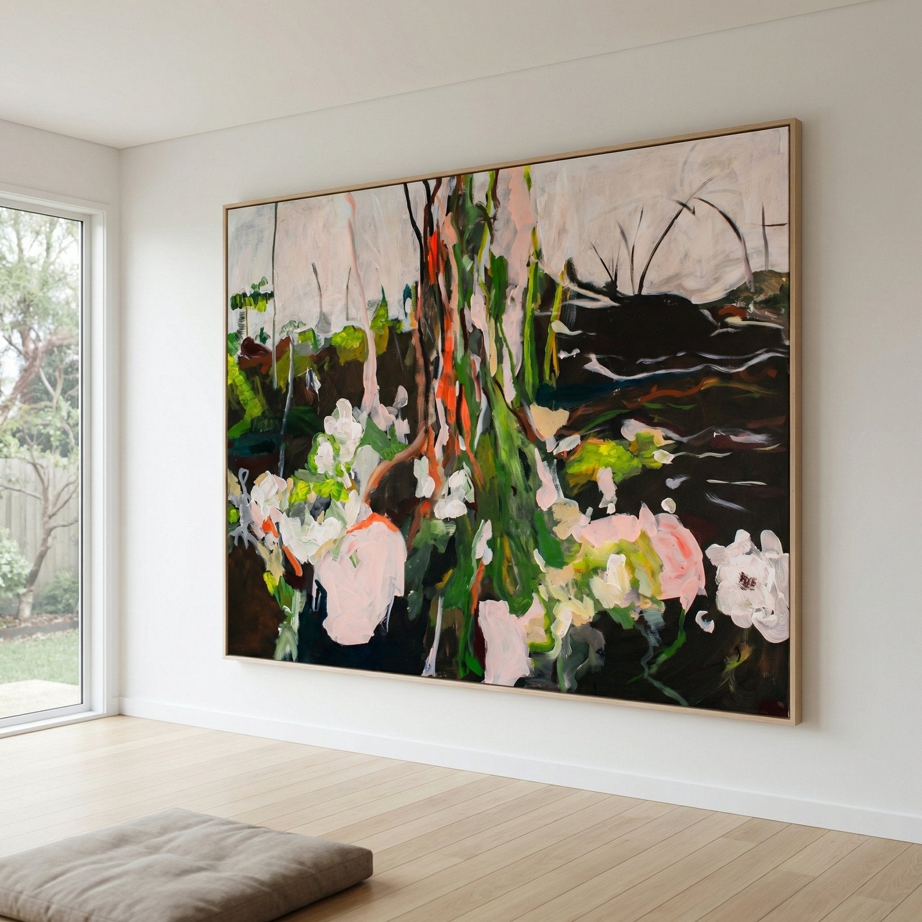 Rooted Presence Abstract Landscape canvas wall art framed and hung on a wall, 120 × 160 cm, by Summer Jiang