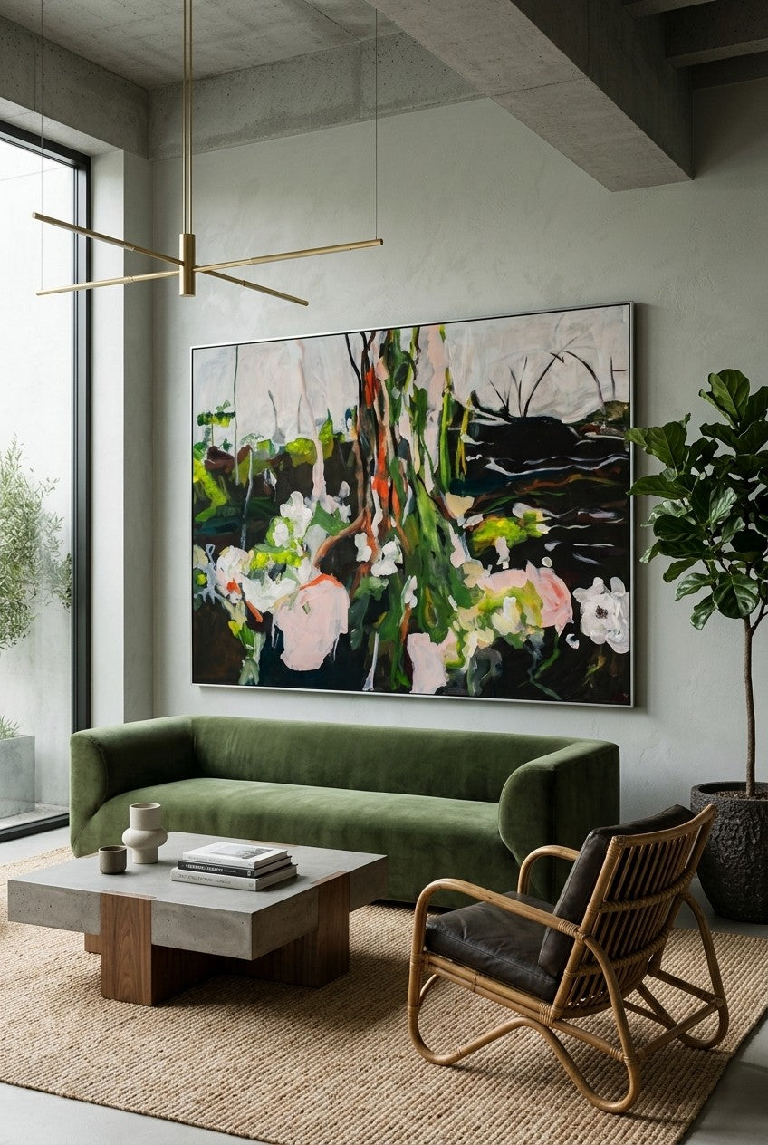 Rooted Presence by Summer Jiang — large brown and pink Landscape canvas art displayed on a wall