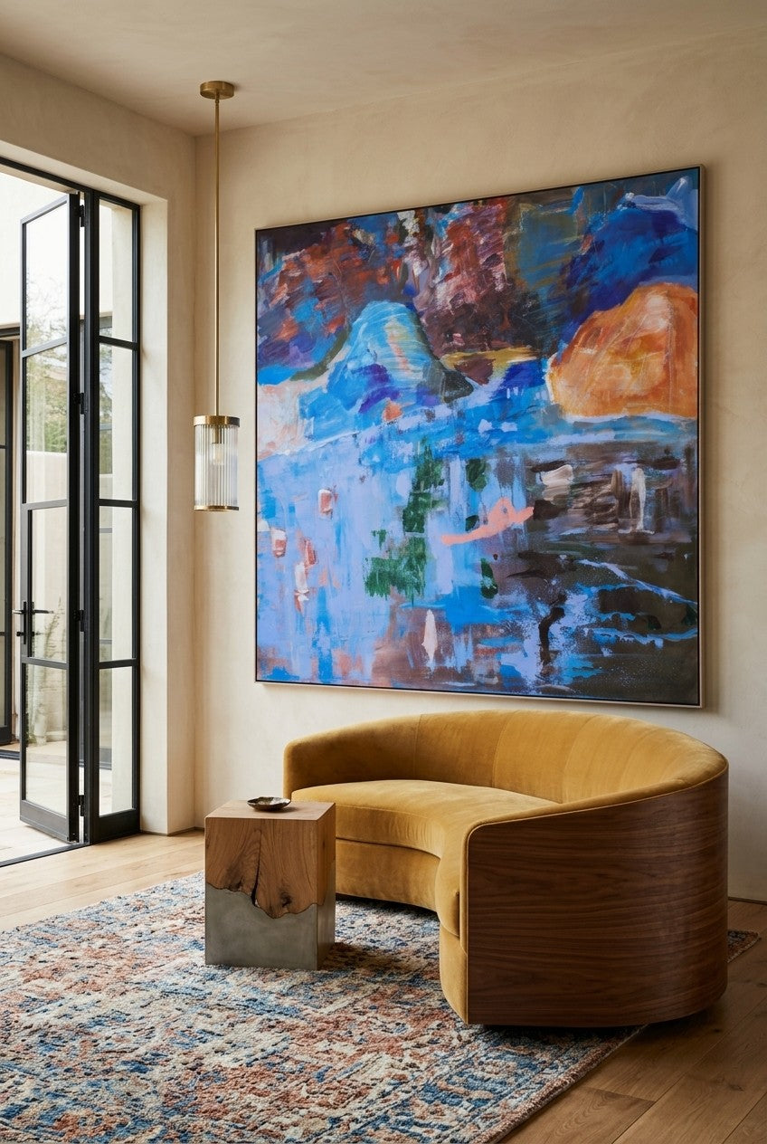 Against the Tide by Summer Jiang — large blue and brown Abstract canvas art displayed on a wall