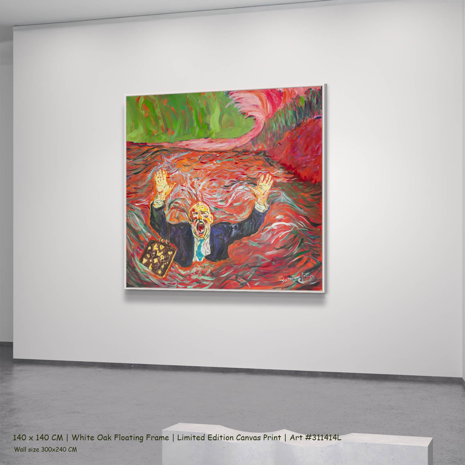 Drowning Dishonesty Contemporary canvas wall art in a white oak floating frame, 140 × 140 cm