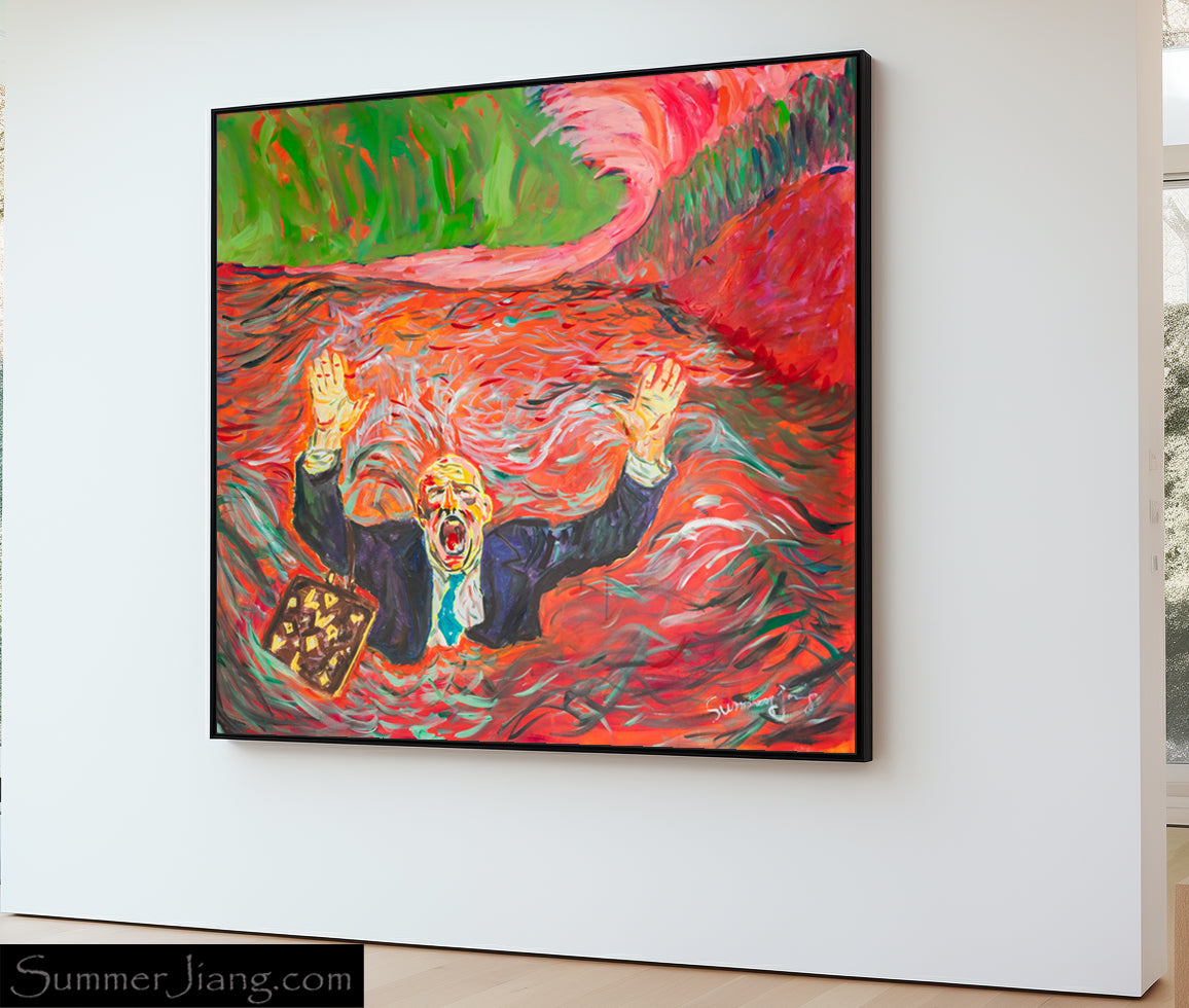 Drowning Dishonesty Large Contemporary canvas wall art styled in a room setting by Summer Jiang