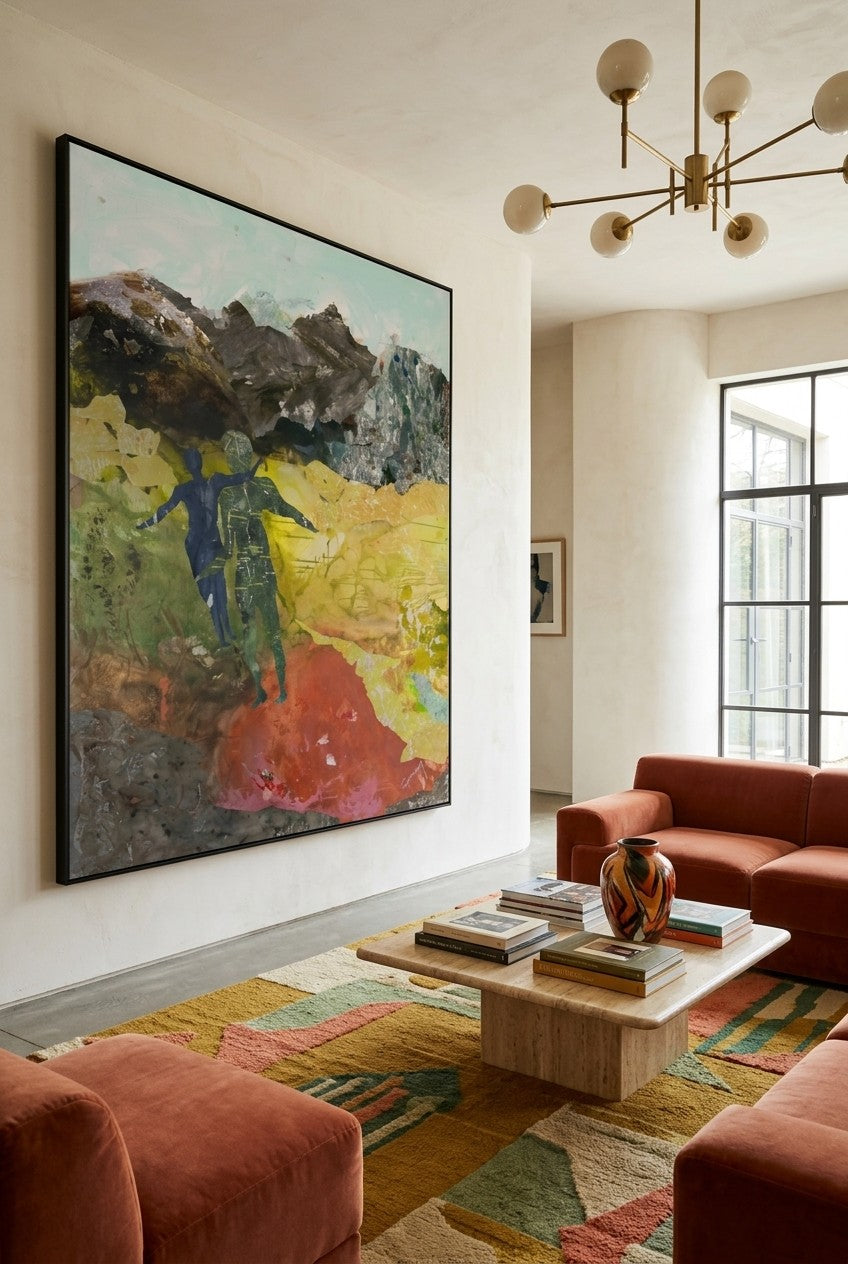 Path Becoming by Summer Jiang — large yellow and grey canvas art displayed on a wall