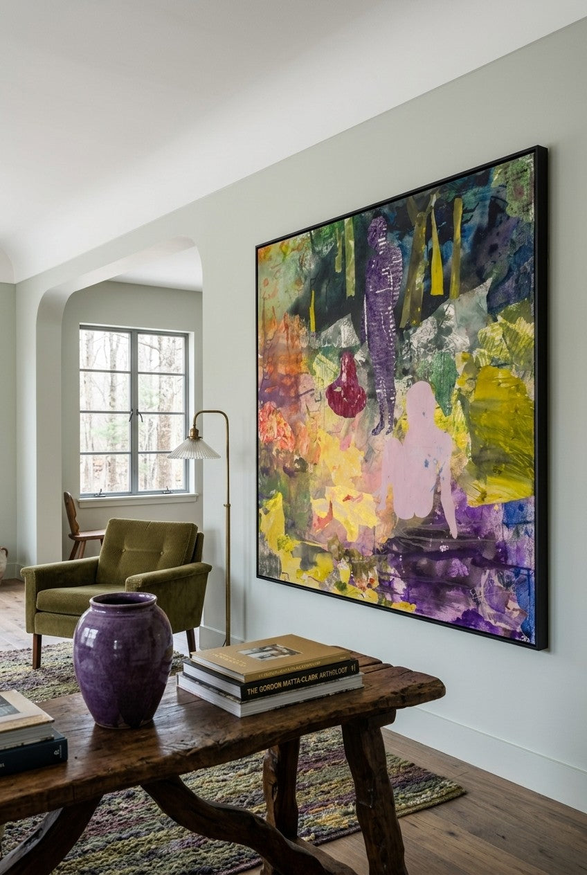 As We Are by Summer Jiang — large yellow and purple Abstract canvas art displayed on a wall
