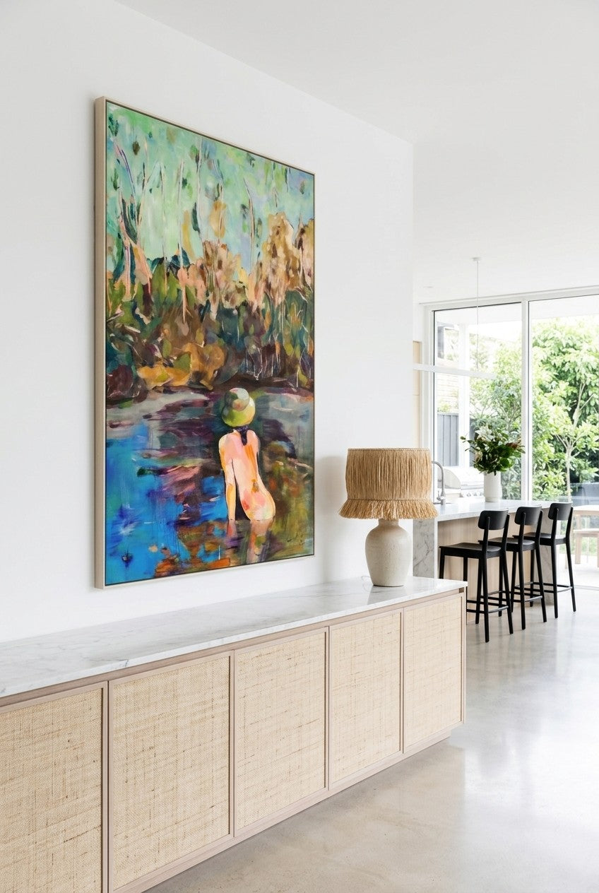 Missed by Summer Jiang — large green and blue Abstract canvas art displayed on a wall