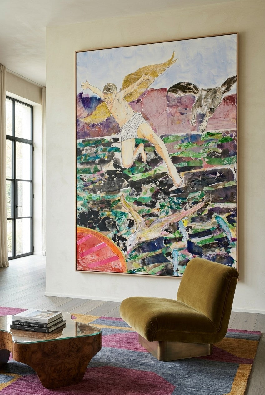 Leap of the Wild Heart by Summer Jiang — large green and light blue Abstract canvas art displayed on a wall