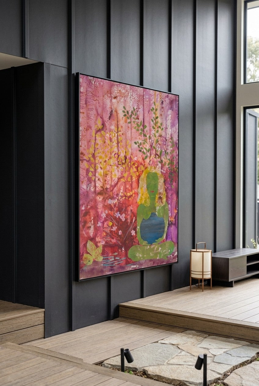 Mother Earth by Summer Jiang — large purple and green Abstract canvas art displayed on a wall