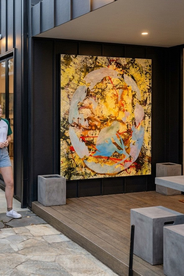 Surrender by Summer Jiang — large yellow and light blue Abstract canvas art displayed on a wall