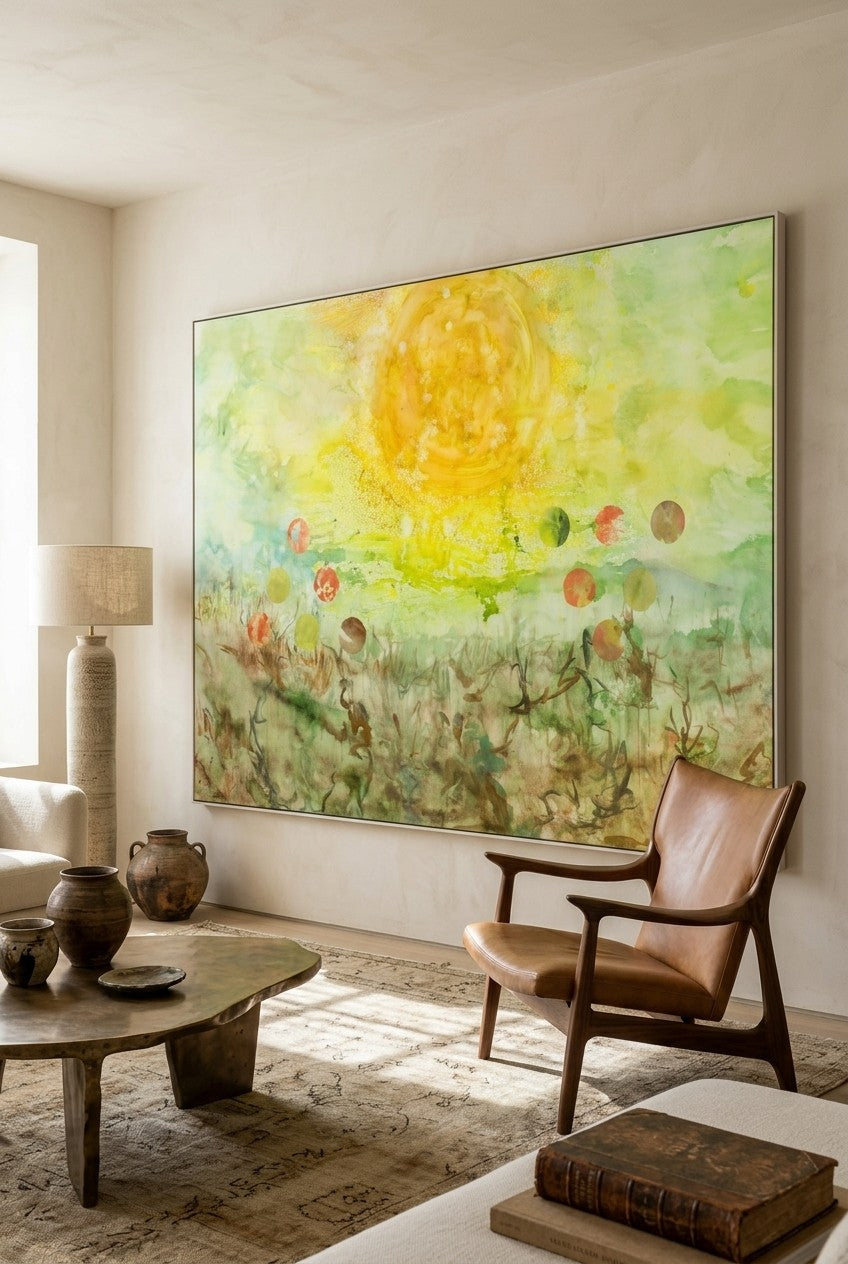 Cycle Without Resistance by Summer Jiang — large yellow and green Landscape canvas art displayed on a wall
