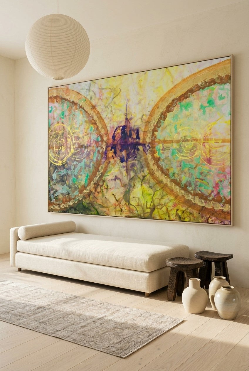 π of Life by Summer Jiang — large gold and yellow canvas art displayed on a wall