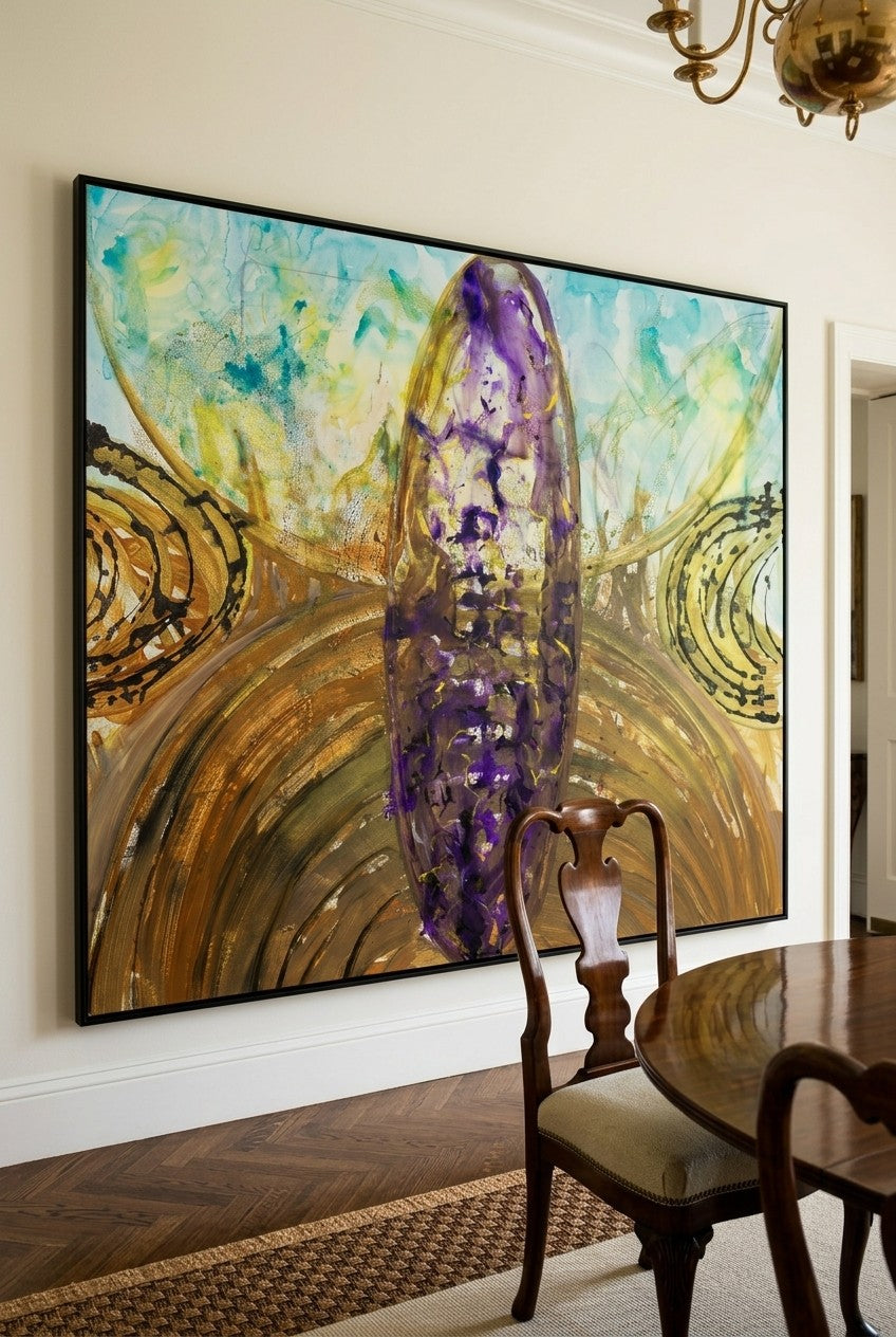 Remembrance by Summer Jiang — large gold and purple Landscape canvas art displayed on a wall