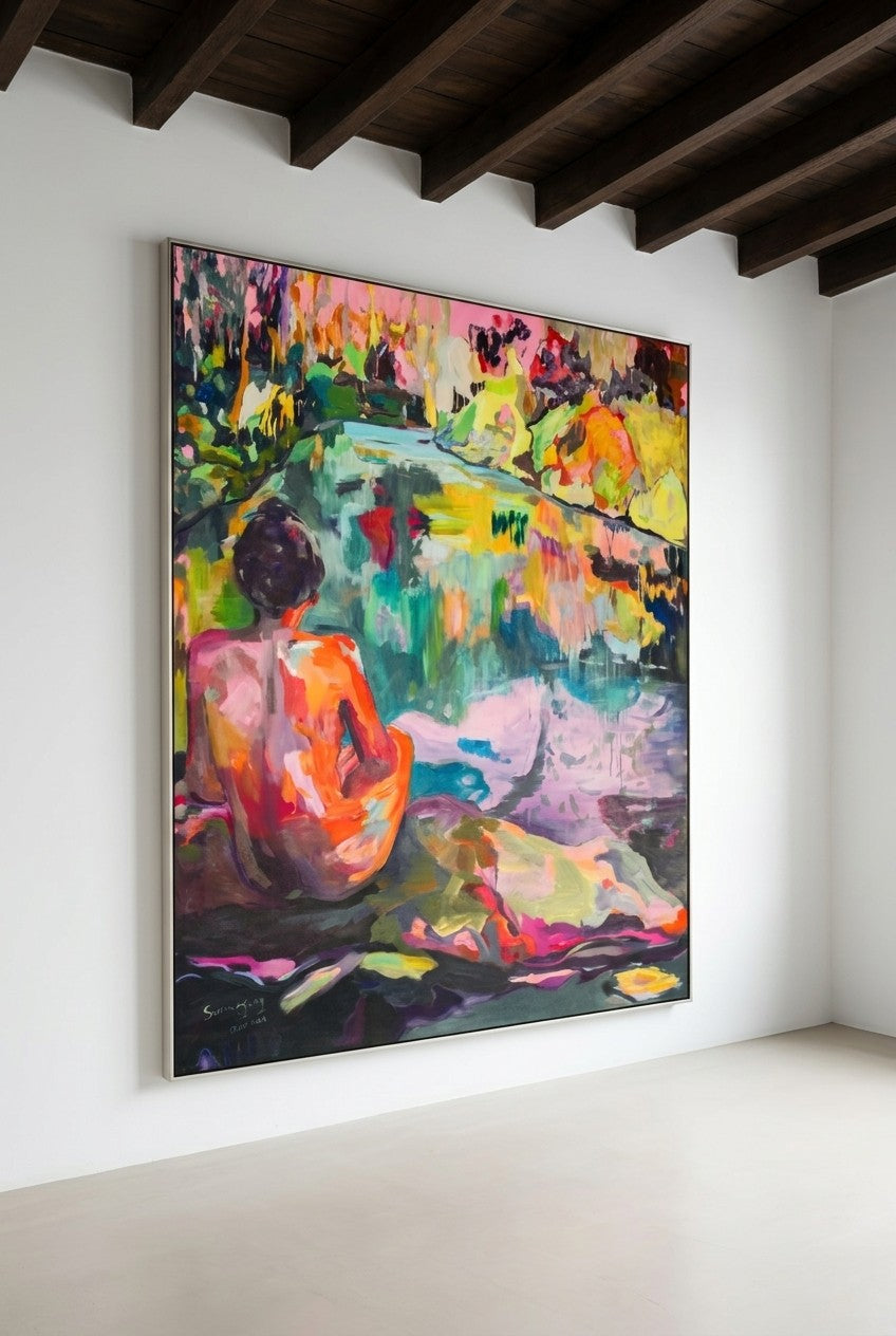 The Start of a Summer by Summer Jiang — large pink and orange canvas art displayed on a wall