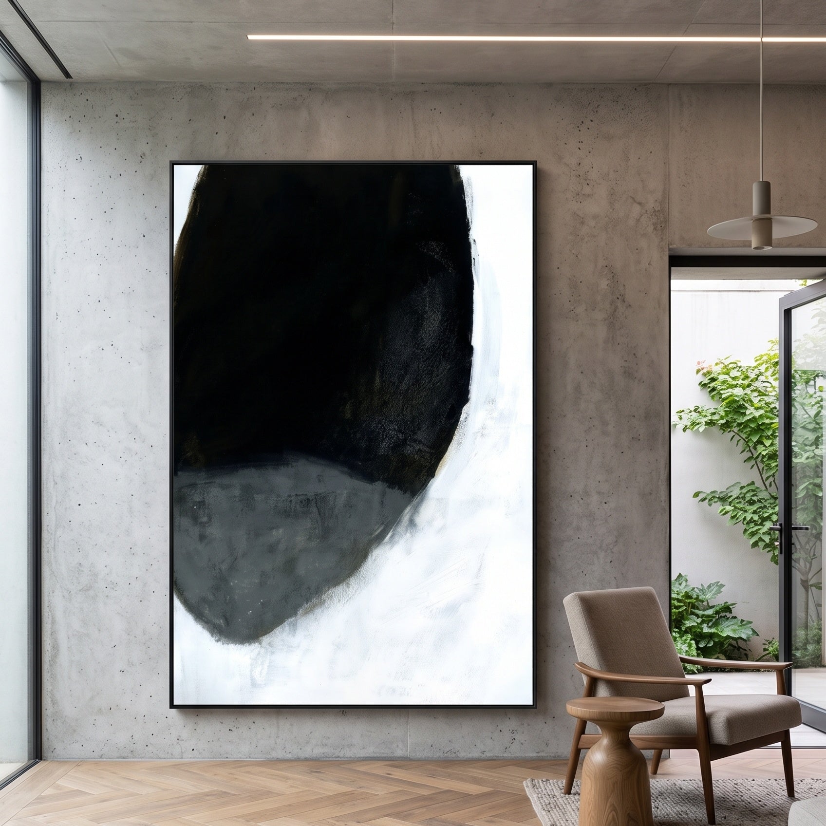 Monochrome Geometry II — large black and white abstract canvas print in a concrete-walled modern space