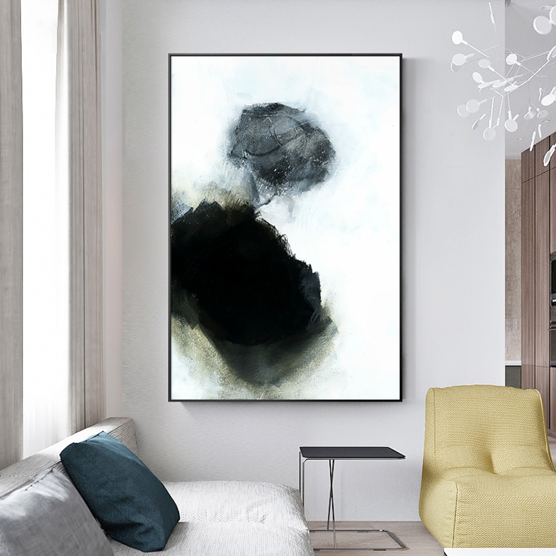 Monochrome Geometry IV — large black and white abstract canvas print on the wall of a modern interior