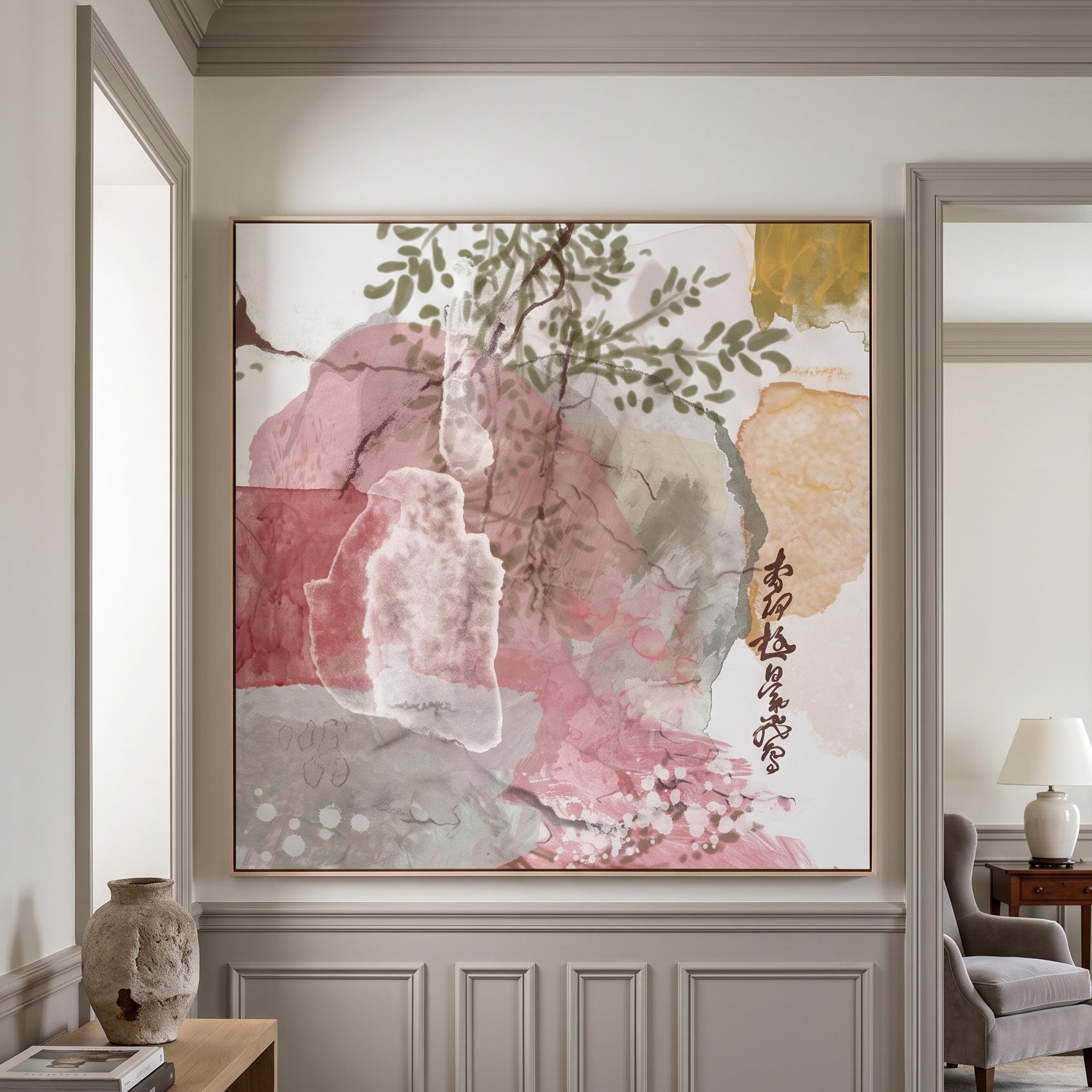Japanese Garden II — large abstract canvas print in a classic panelled hallway