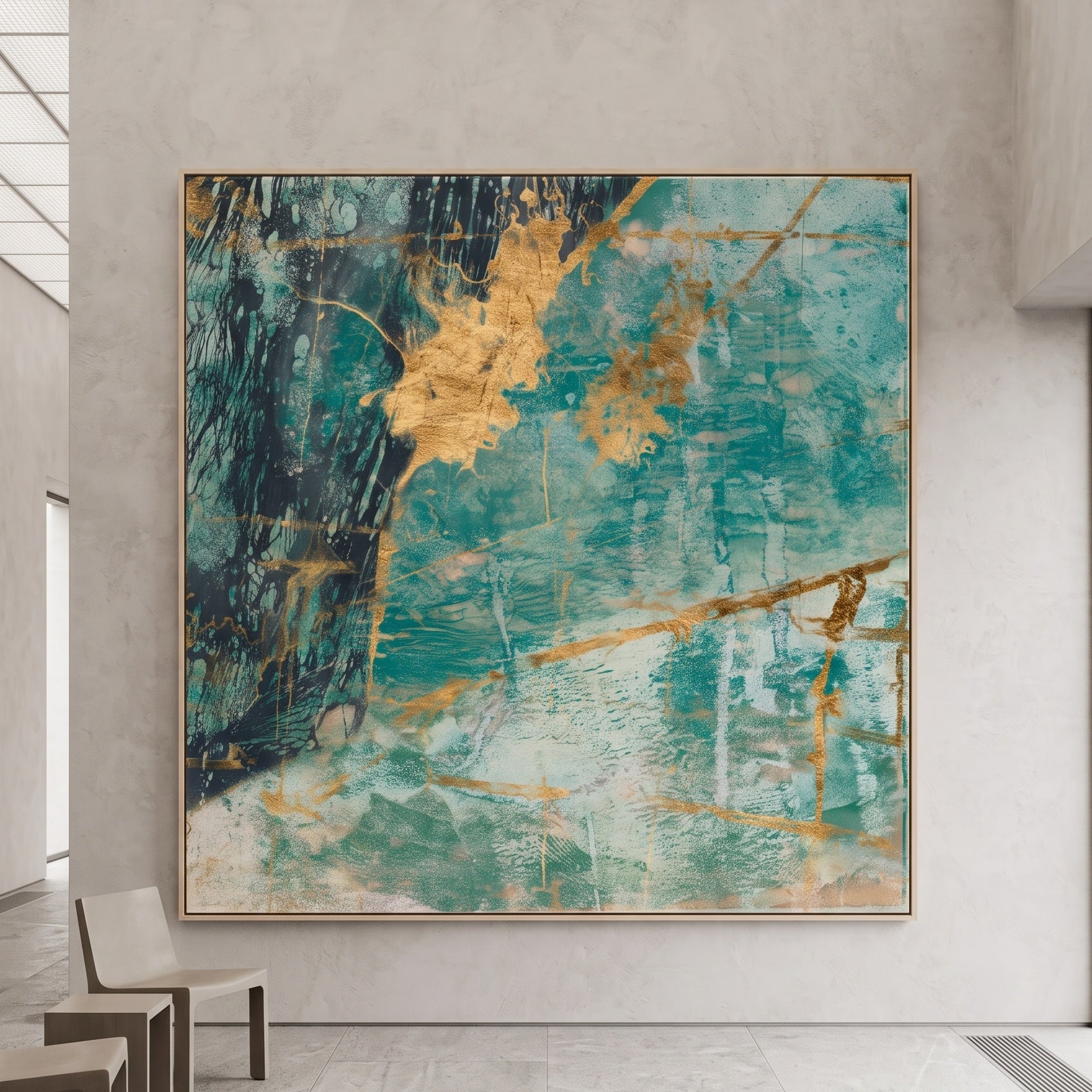 7120101N aqua gold abstract canvas in a modern room