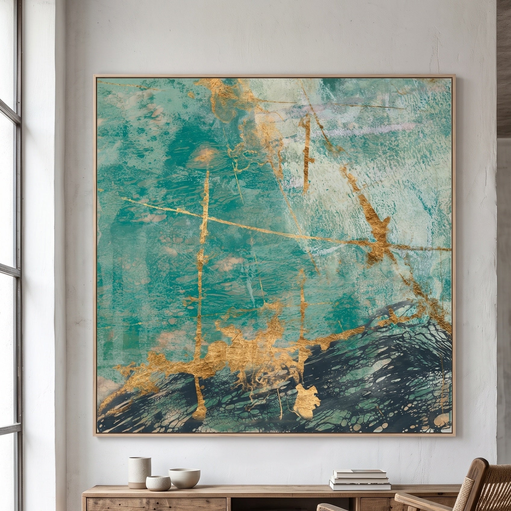 7130101N aqua gold abstract canvas in a modern room