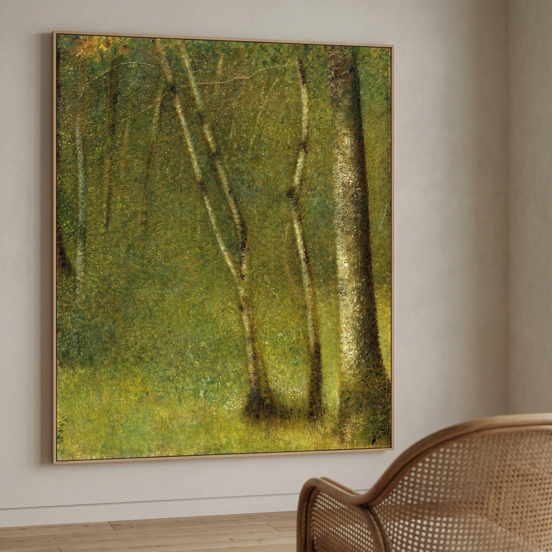 The Forest at Pontaubert Landscape canvas wall art shown in a styled room by Georges Seurat