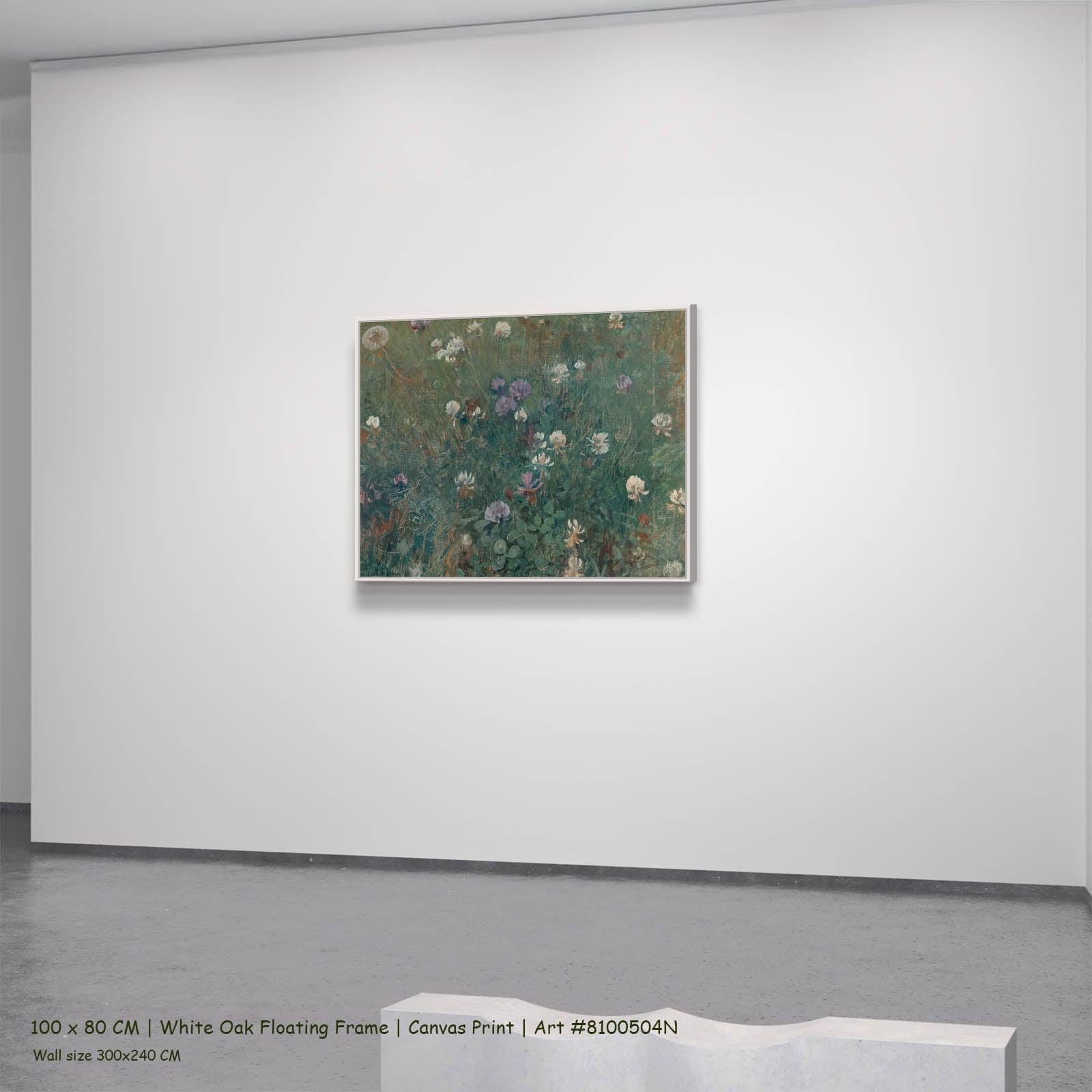 Blooming Clover Meadow canvas wall art in a white oak floating frame, 100 × 80 cm