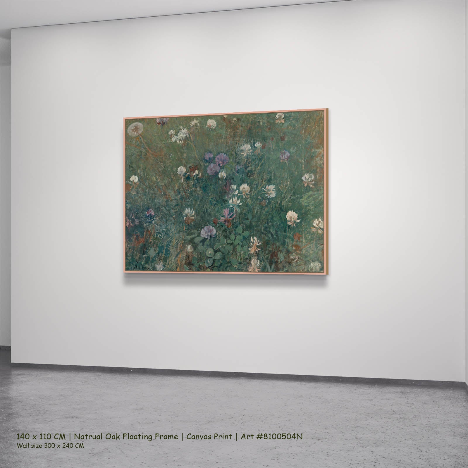 Blooming Clover Meadow canvas wall art in a natural oak floating frame, 140 × 110 cm