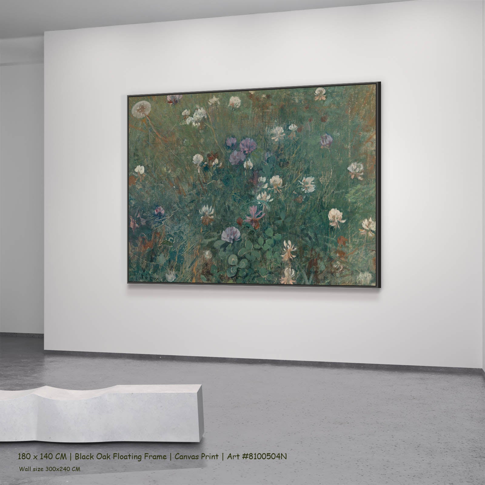 Blooming Clover Meadow canvas wall art in a black oak floating frame, 180 × 140 cm