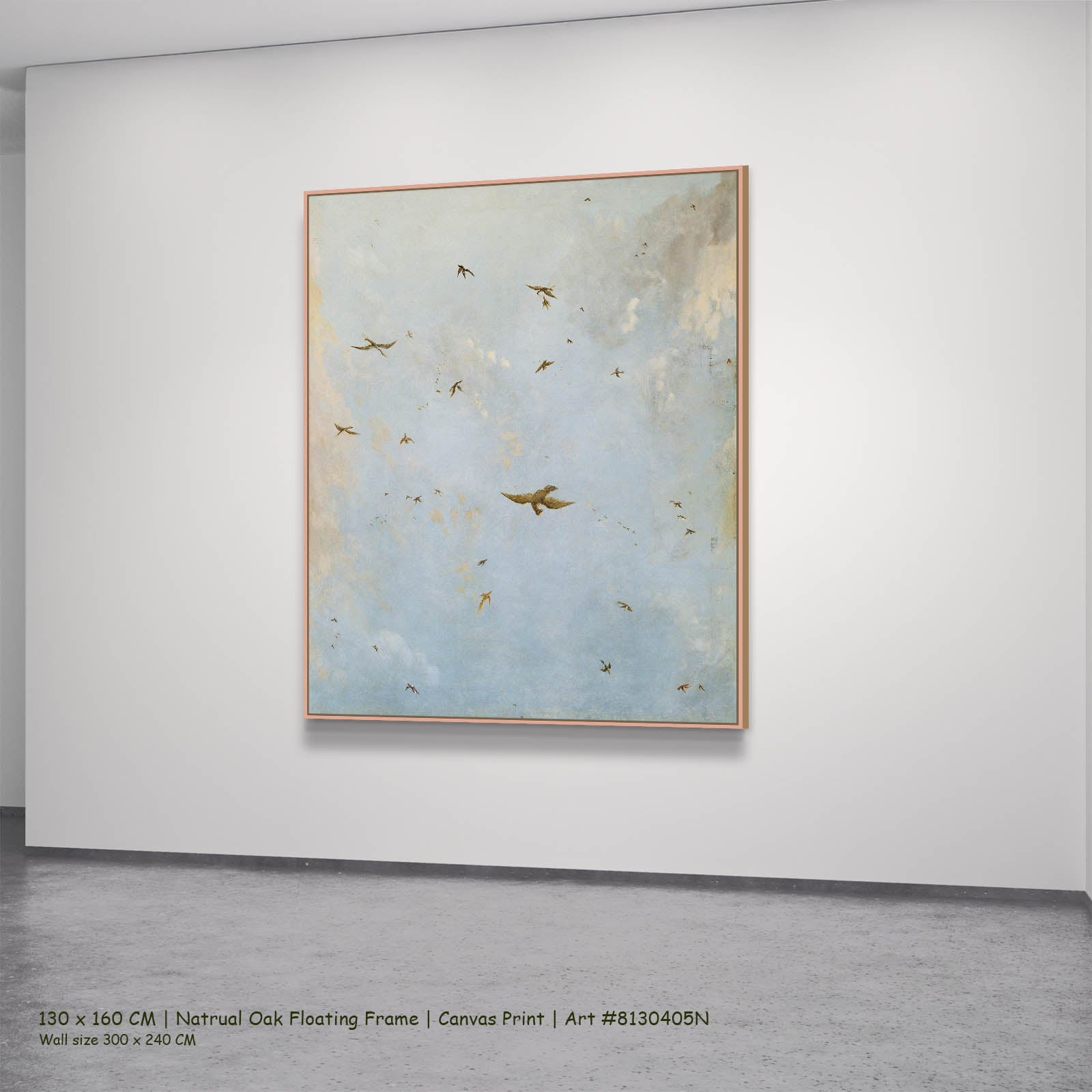 Ceiling of a Cloudy Sky with Birds Clouds canvas wall art in a natural oak floating frame, 130 × 160 cm