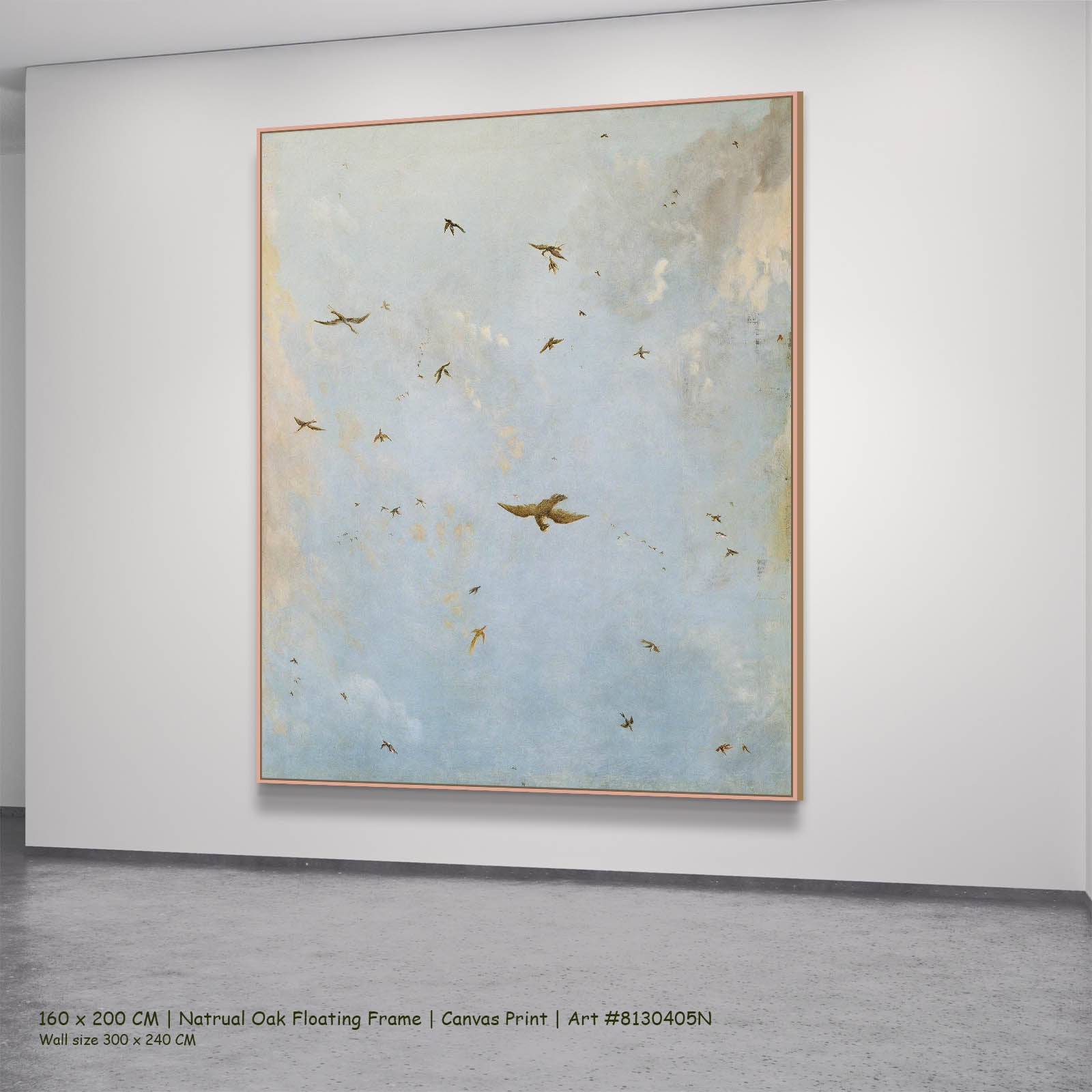 Ceiling of a Cloudy Sky with Birds Clouds canvas wall art in a natural oak floating frame, 160 × 200 cm