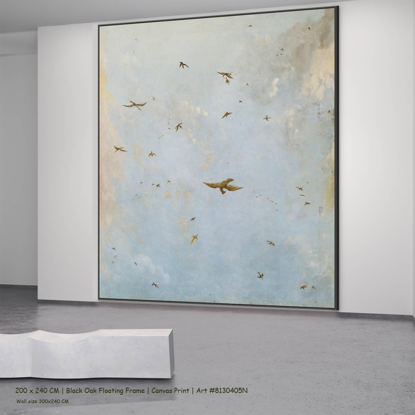Ceiling of a Cloudy Sky with Birds Clouds canvas wall art in a black oak floating frame, 200 × 240 cm