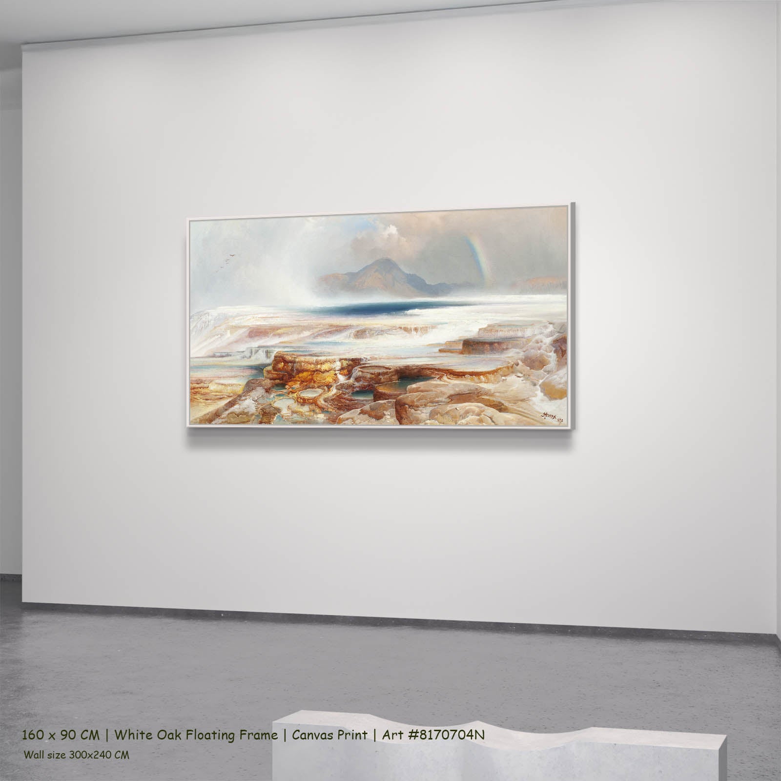 Hot Springs of the Yellowstone Landscape canvas wall art in a white oak floating frame, 160 × 90 cm