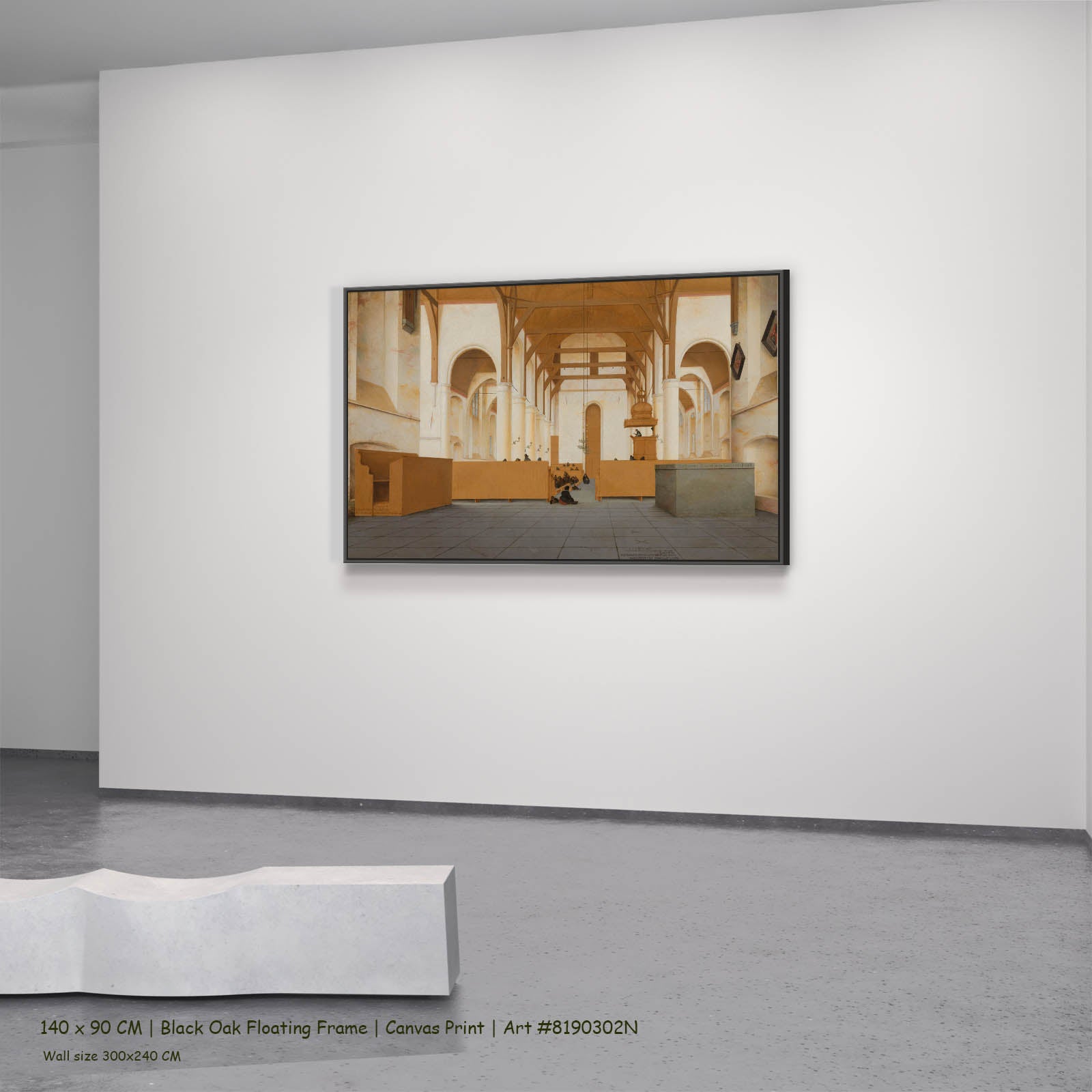 Interior of the Sint Odulphuskerk, Assendelft Architecture canvas wall art in a black oak floating frame, 140 × 90 cm