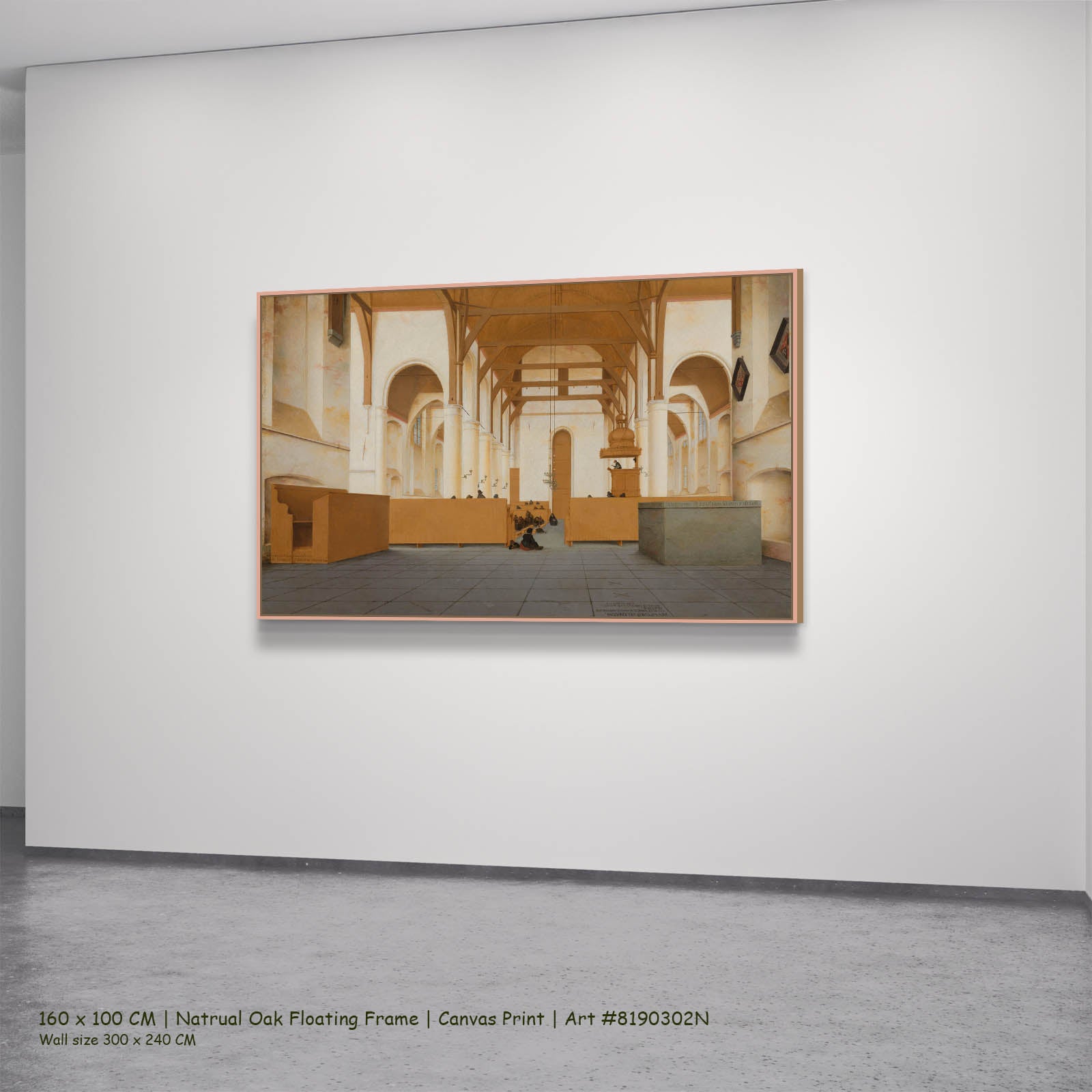 Interior of the Sint Odulphuskerk, Assendelft Architecture canvas wall art in a natural oak floating frame, 160 × 100 cm
