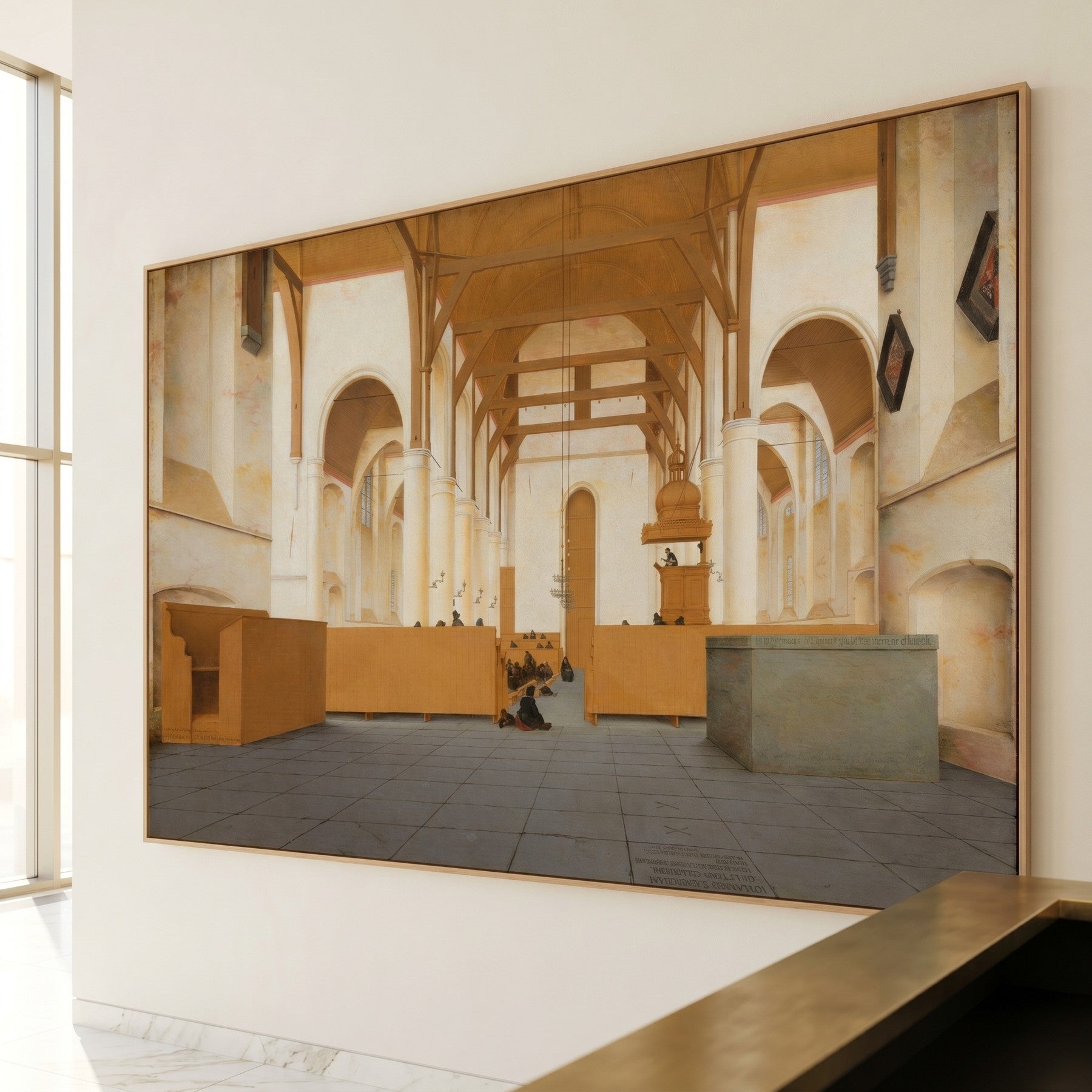 Interior of the Sint Odulphuskerk, Assendelft Architecture canvas wall art shown in a styled room by Pieter Jansz Saenredam