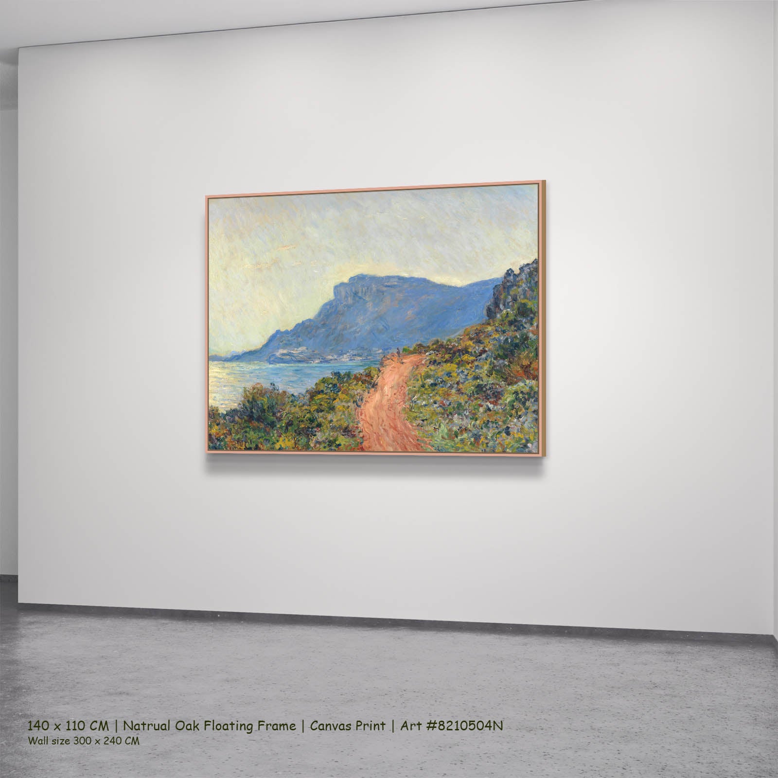 La Corniche near Monaco Coastal canvas wall art in a natural oak floating frame, 140 × 110 cm