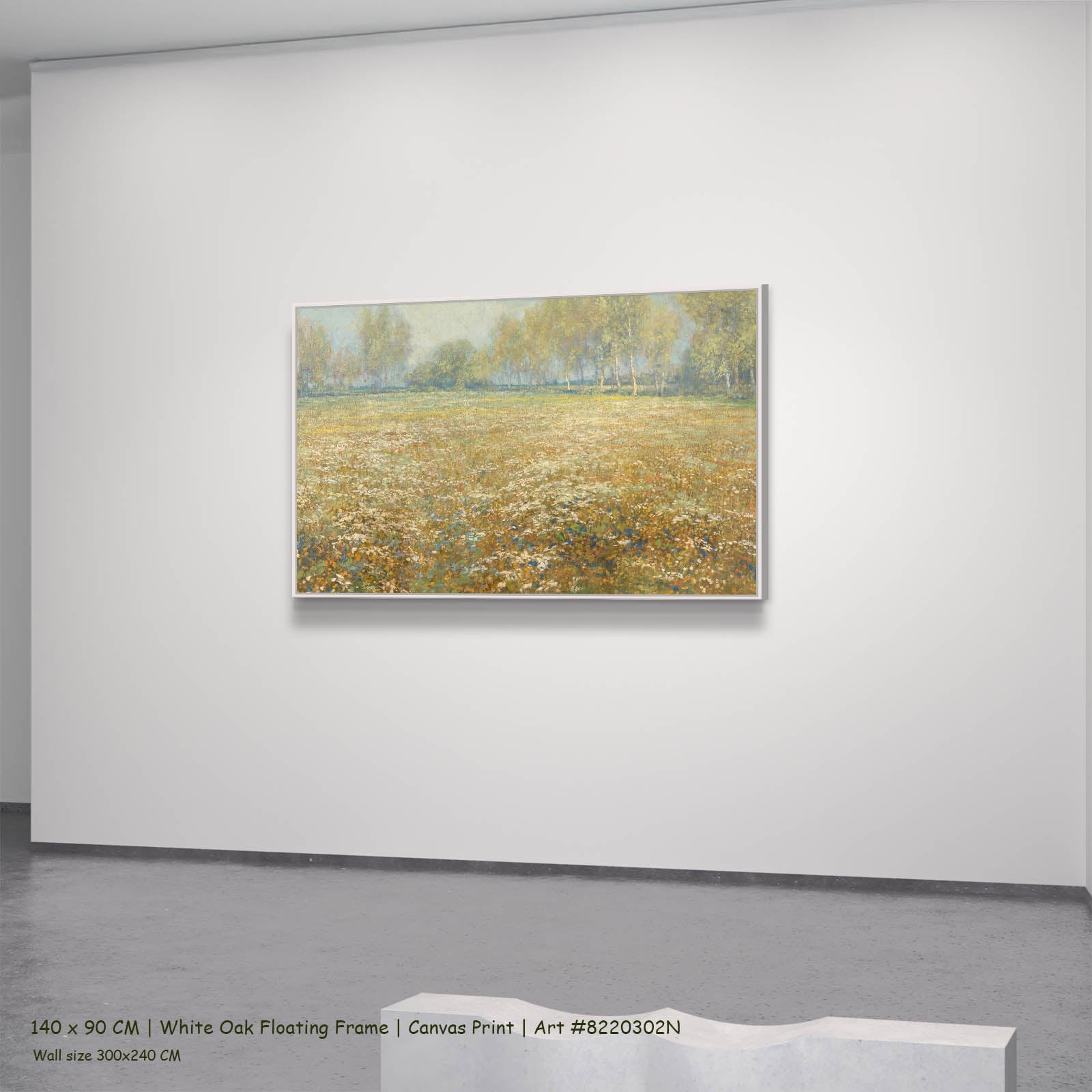 Meadow in Bloom Meadow canvas wall art in a white oak floating frame, 140 × 90 cm
