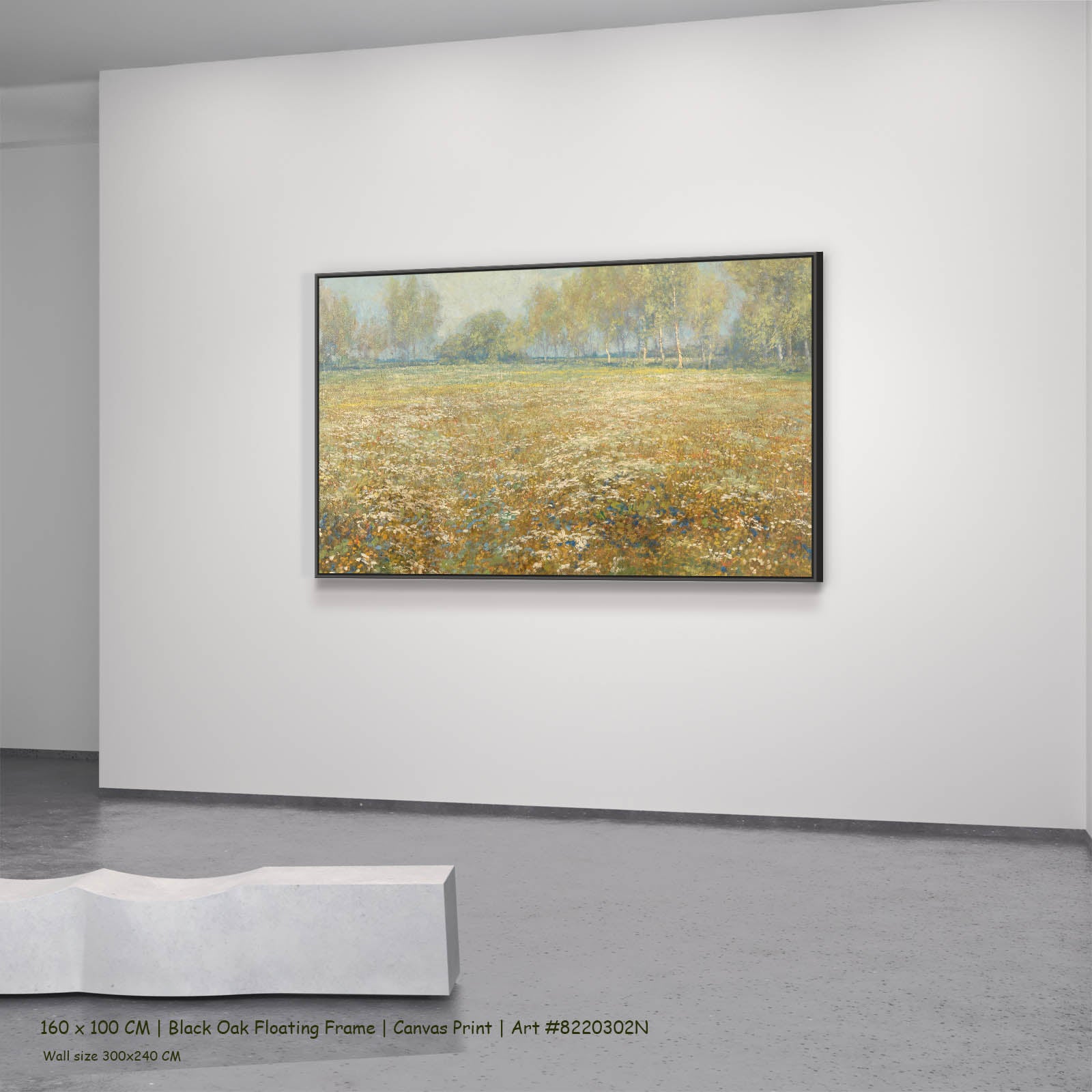 Meadow in Bloom Meadow canvas wall art in a black oak floating frame, 160 × 100 cm