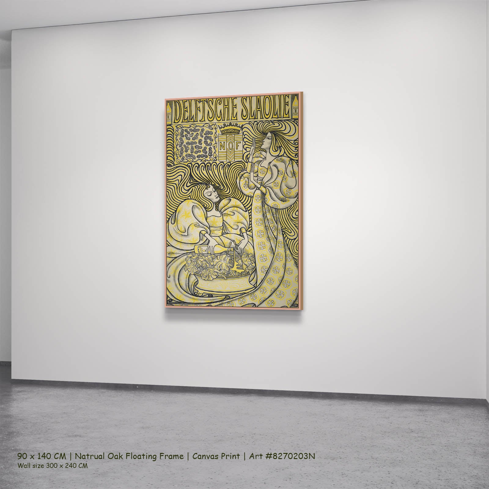 Delftsche Slaolie (Delft Salad Oil Poster) Nouveau canvas wall art in a natural oak floating frame, 90 × 140 cm