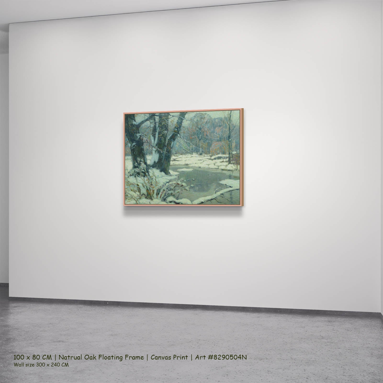 Silvered Brook Landscape canvas wall art in a natural oak floating frame, 100 × 80 cm