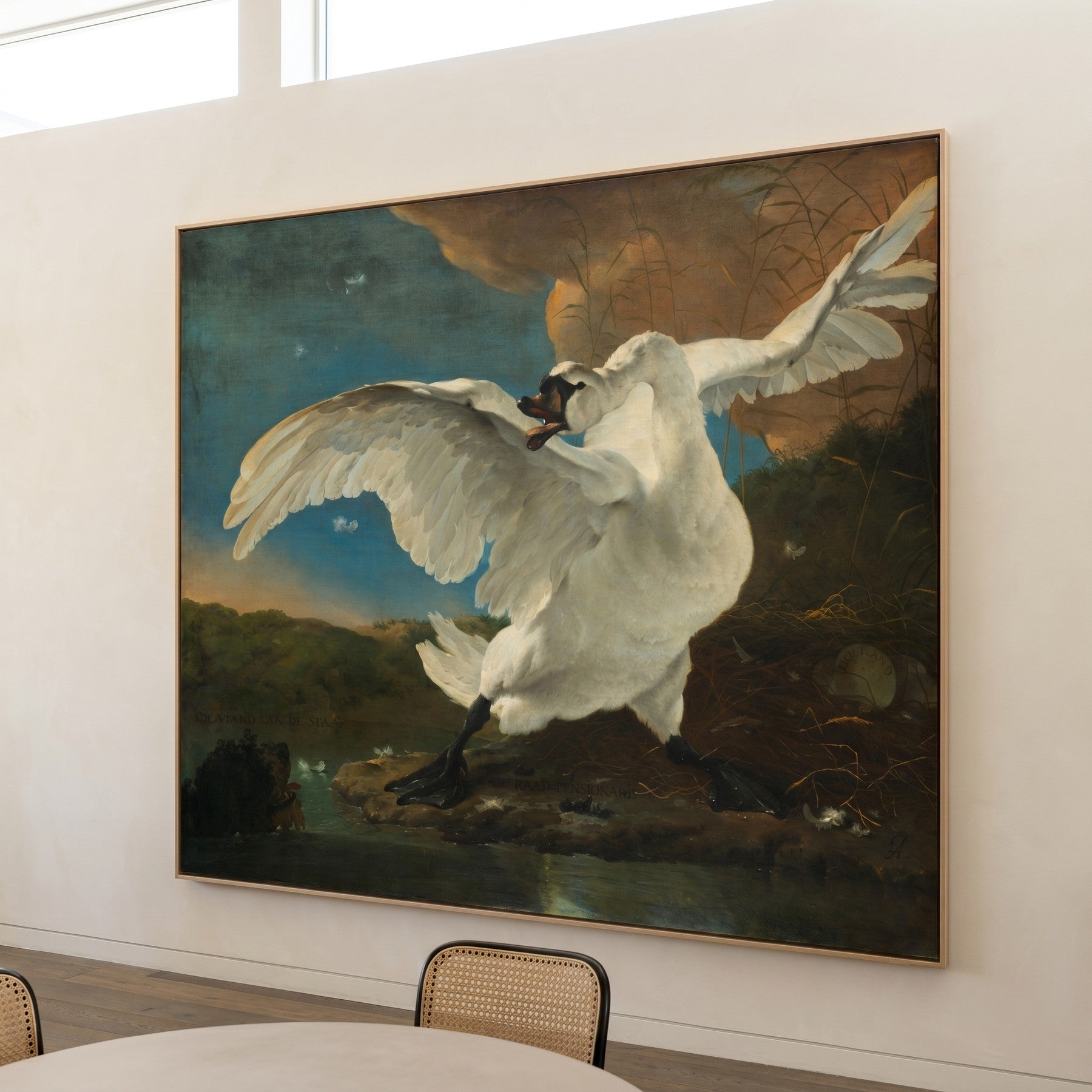 The Threatened Swan Oversized Baroque Wildlife canvas wall art framed and hung on a wall by Jan Asselijn