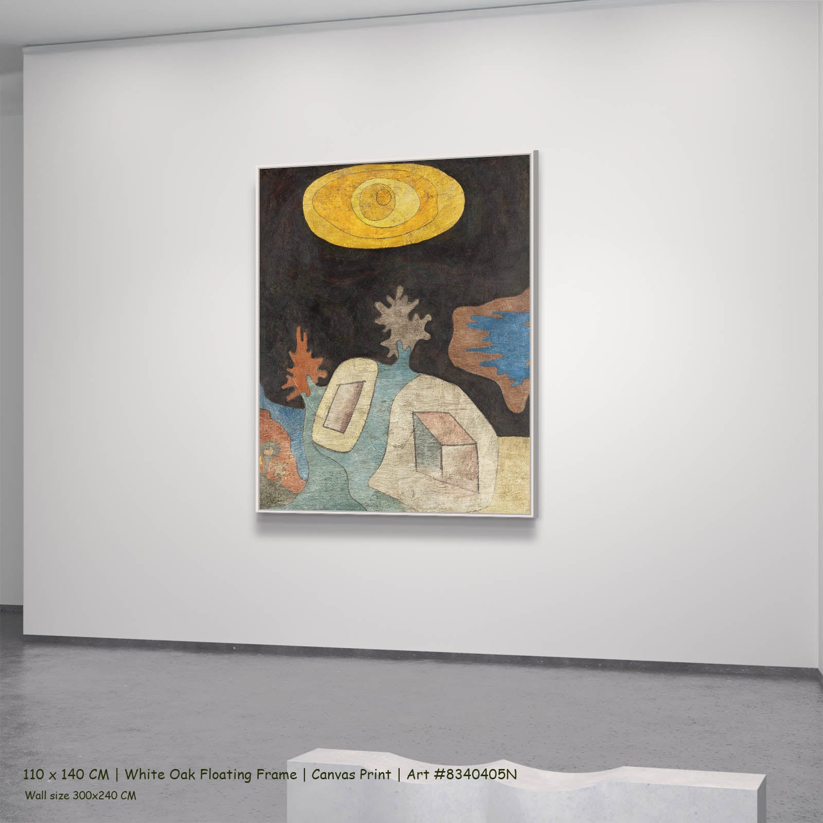 Untitled (Sun-Eye over Landscape) Abstract canvas wall art in a white oak floating frame, 110 × 140 cm
