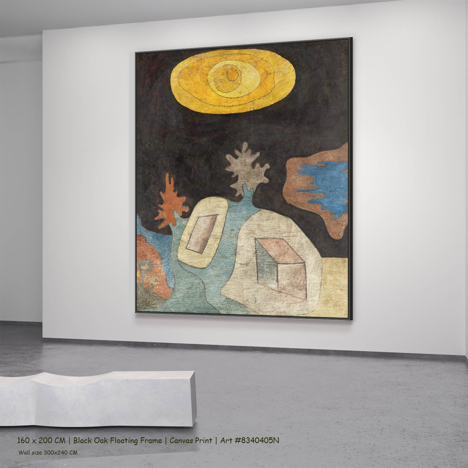 Untitled (Sun-Eye over Landscape) Abstract canvas wall art in a black oak floating frame, 160 × 200 cm