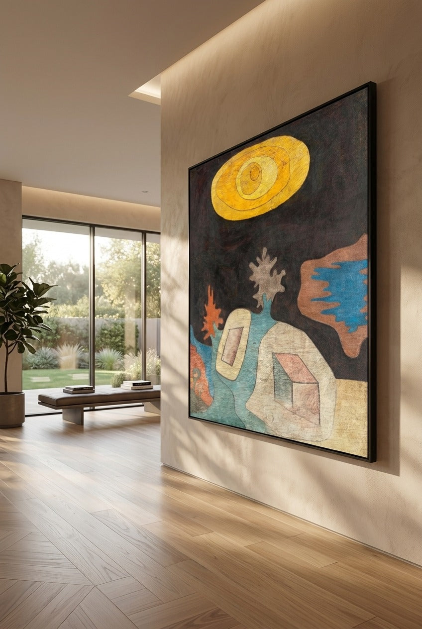 Paul Klee by Paul Klee — large yellow and brown Landscape canvas art displayed on a wall