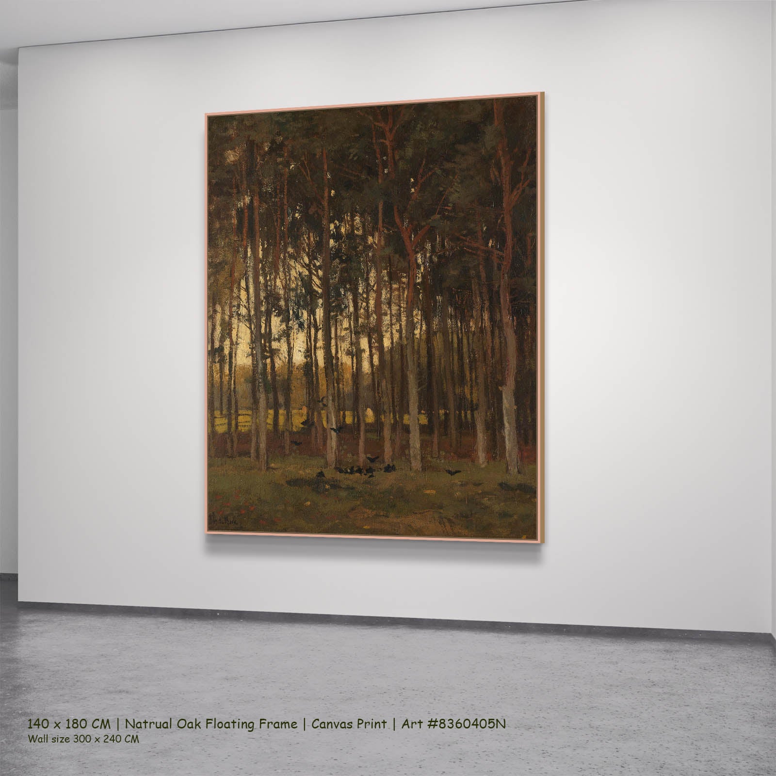 View in the Woods Landscape canvas wall art in a natural oak floating frame, 140 × 180 cm