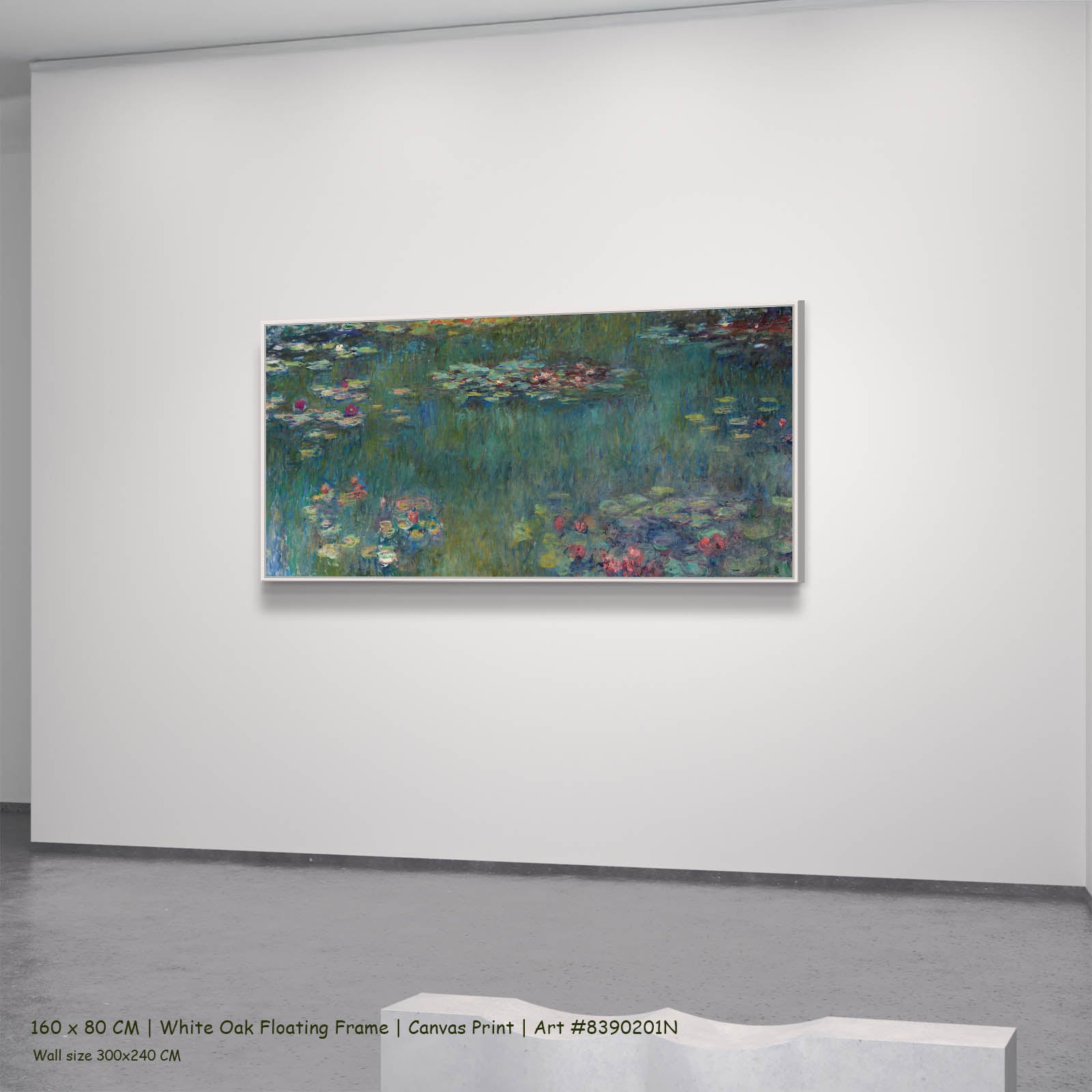 Water Lilies (Panoramic) Floral canvas wall art in a white oak floating frame, 160 × 80 cm