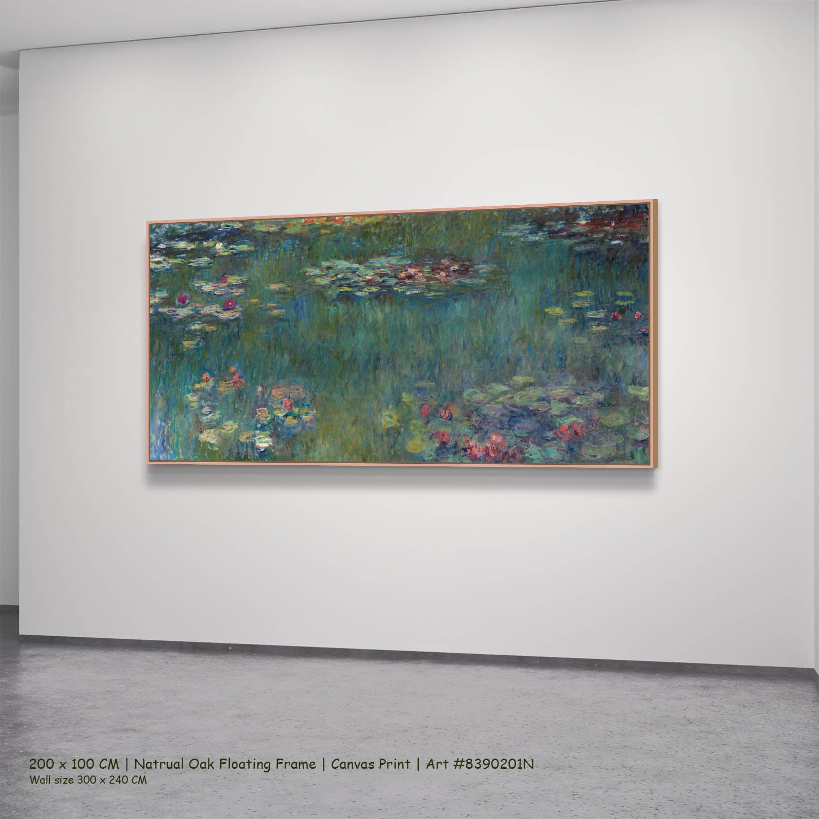 Water Lilies (Panoramic) Floral canvas wall art in a natural oak floating frame, 200 × 100 cm