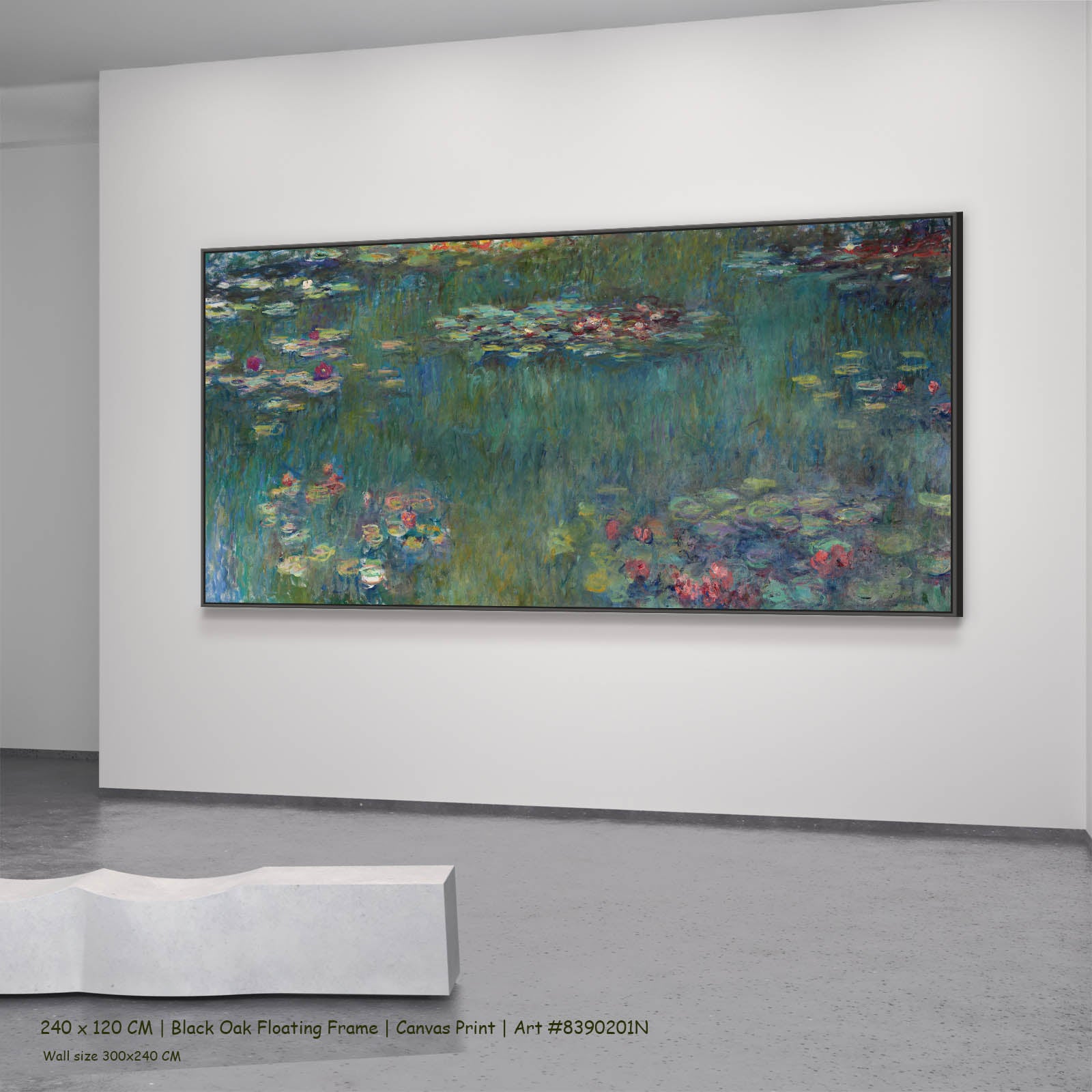 Water Lilies (Panoramic) Floral canvas wall art in a black oak floating frame, 240 × 120 cm
