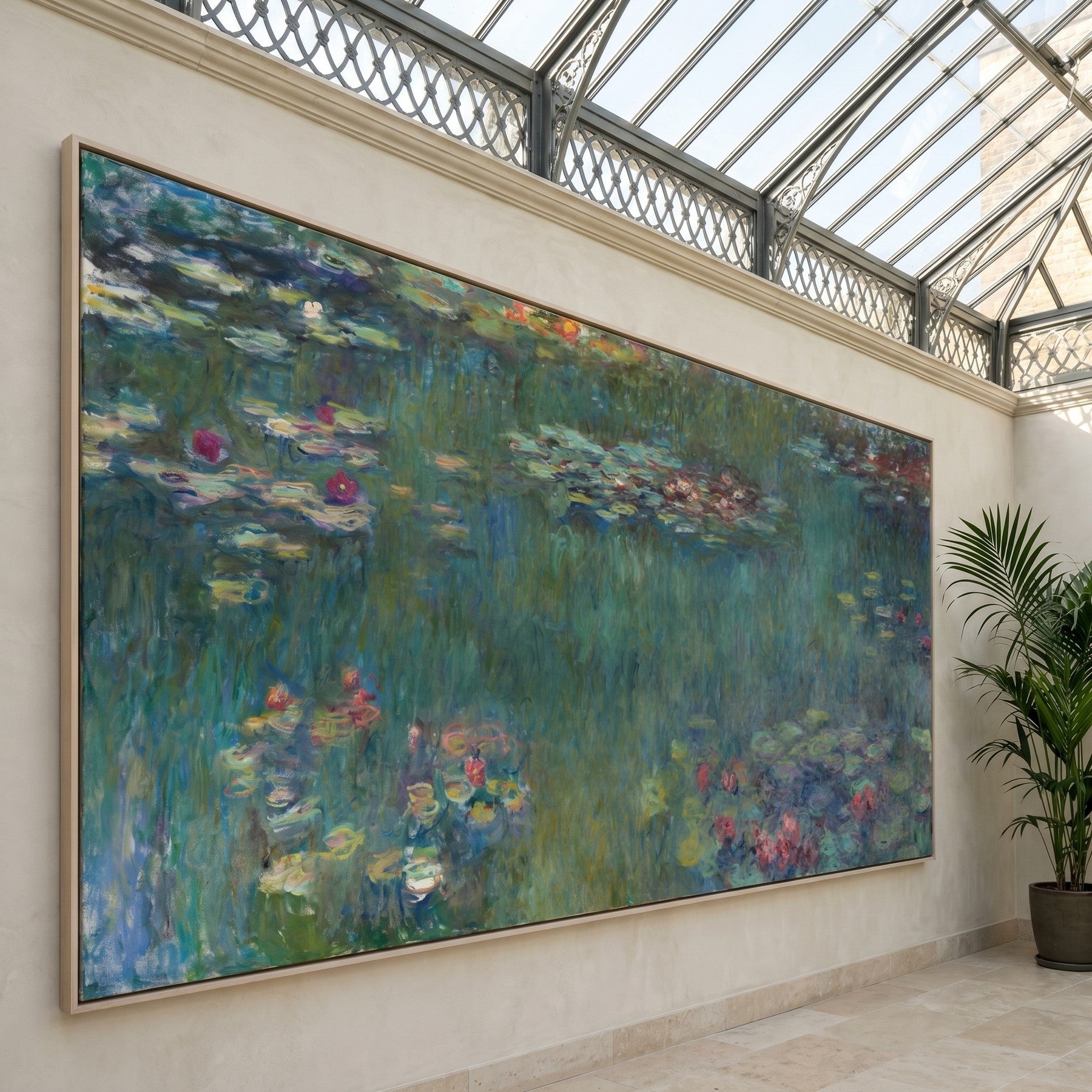 Water Lilies (Panoramic) Panoramic Floral canvas wall art framed and hung on a wall by Claude Monet