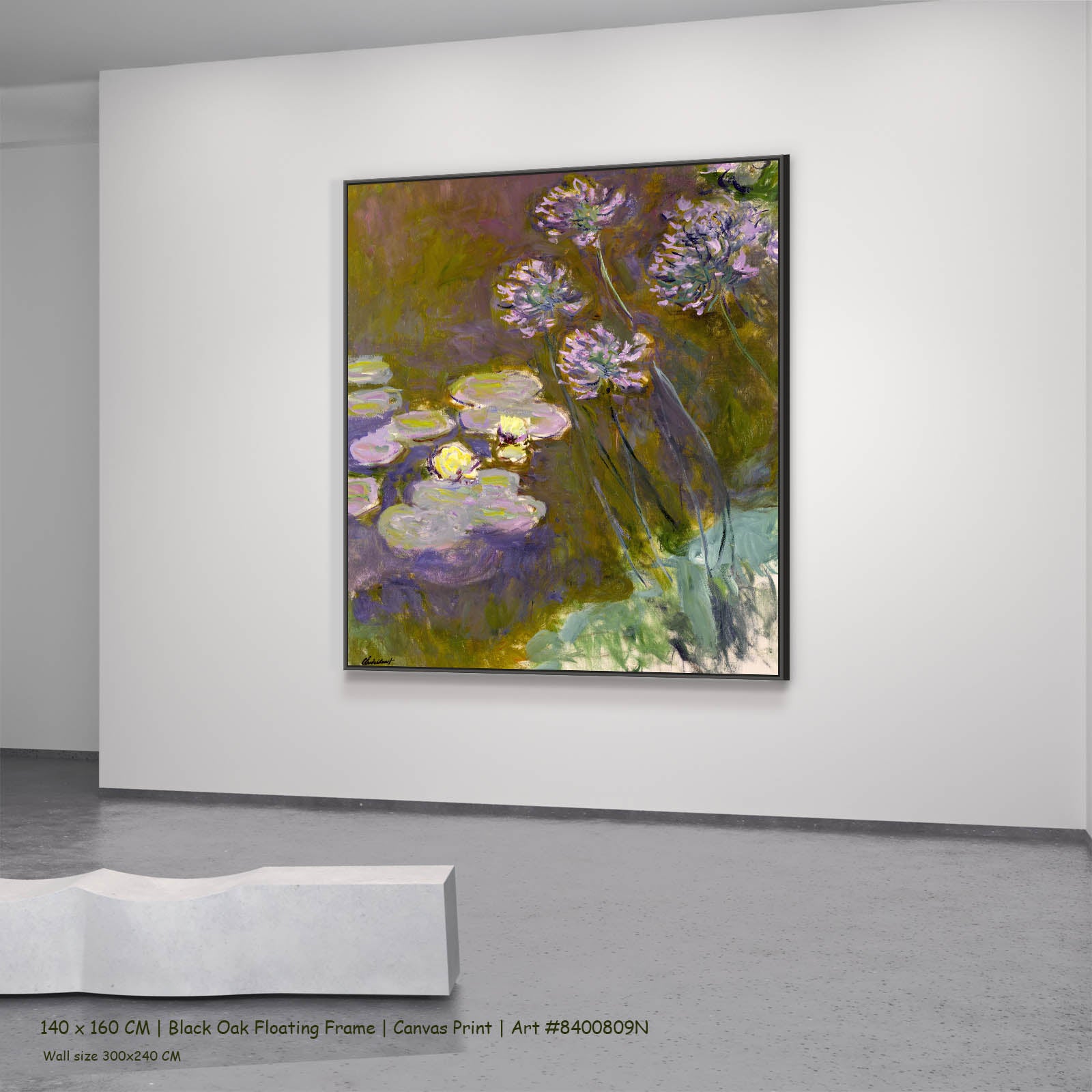 Water Lilies and Agapanthus Floral canvas wall art in a black oak floating frame, 140 × 160 cm