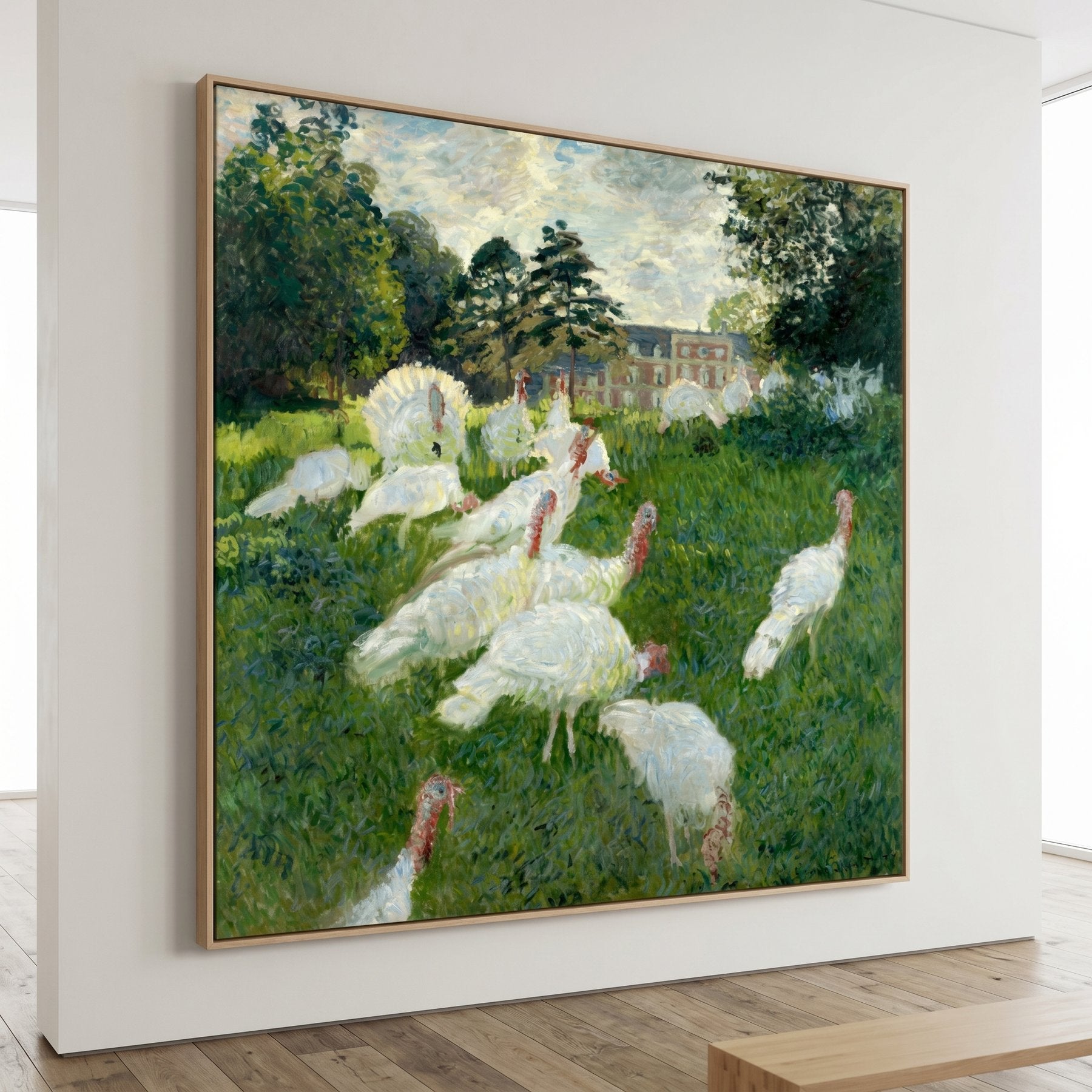 The Turkeys Square Landscape canvas wall art framed and hung on a wall by Claude Monet