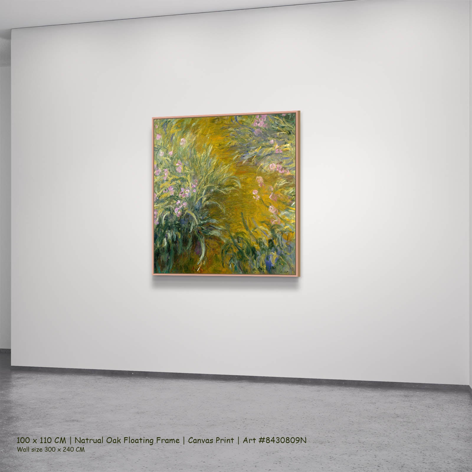 Path through the Irises Floral canvas wall art in a natural oak floating frame, 100 × 110 cm