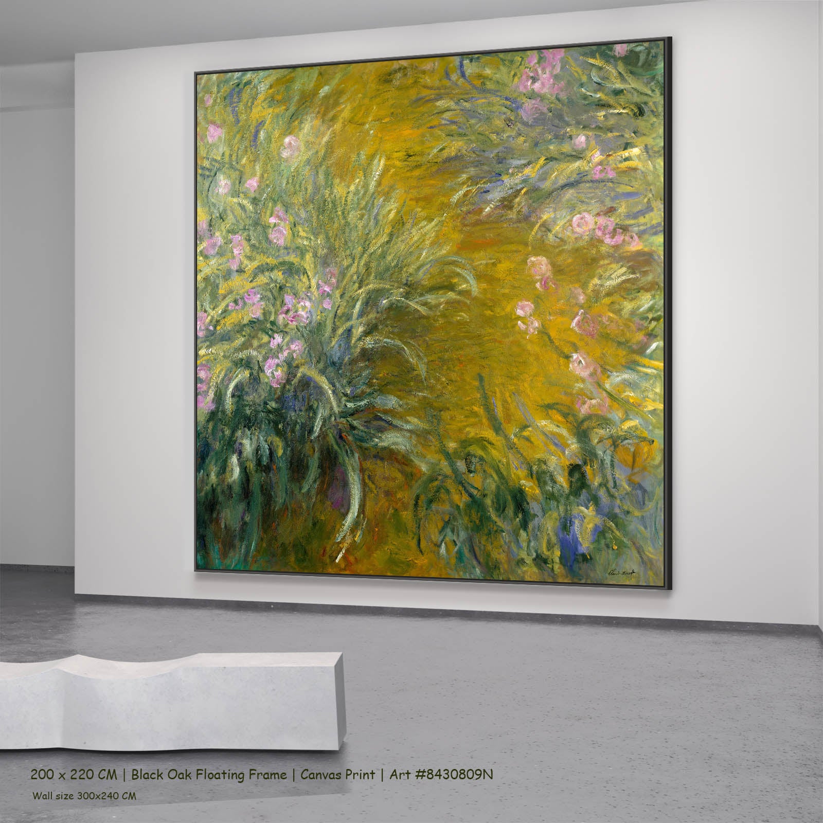 Path through the Irises Floral canvas wall art in a black oak floating frame, 200 × 220 cm